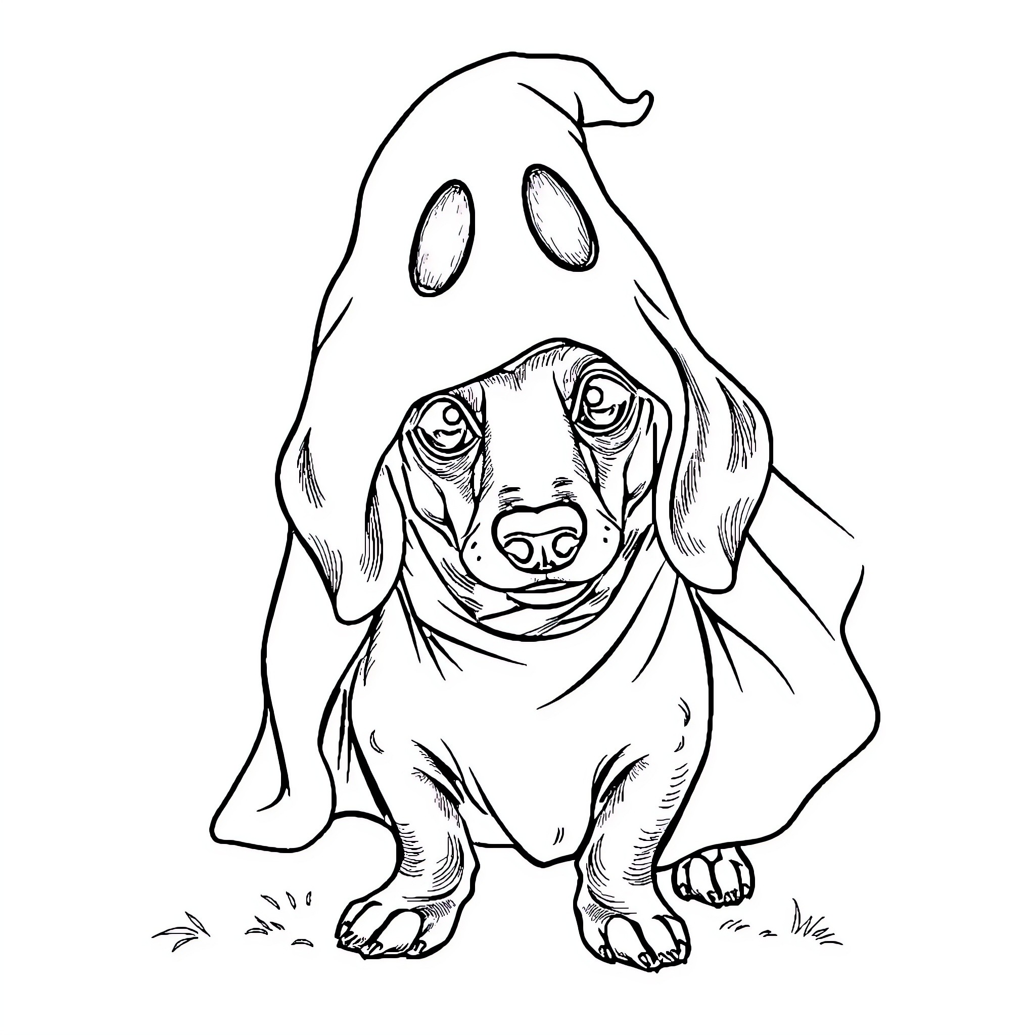 Dachshund in Ghostly Costume Coloring Page (free black-and-white line drawing printable PDF for all, from beginners to advanced learners, including children, teens, adults, and seniors)