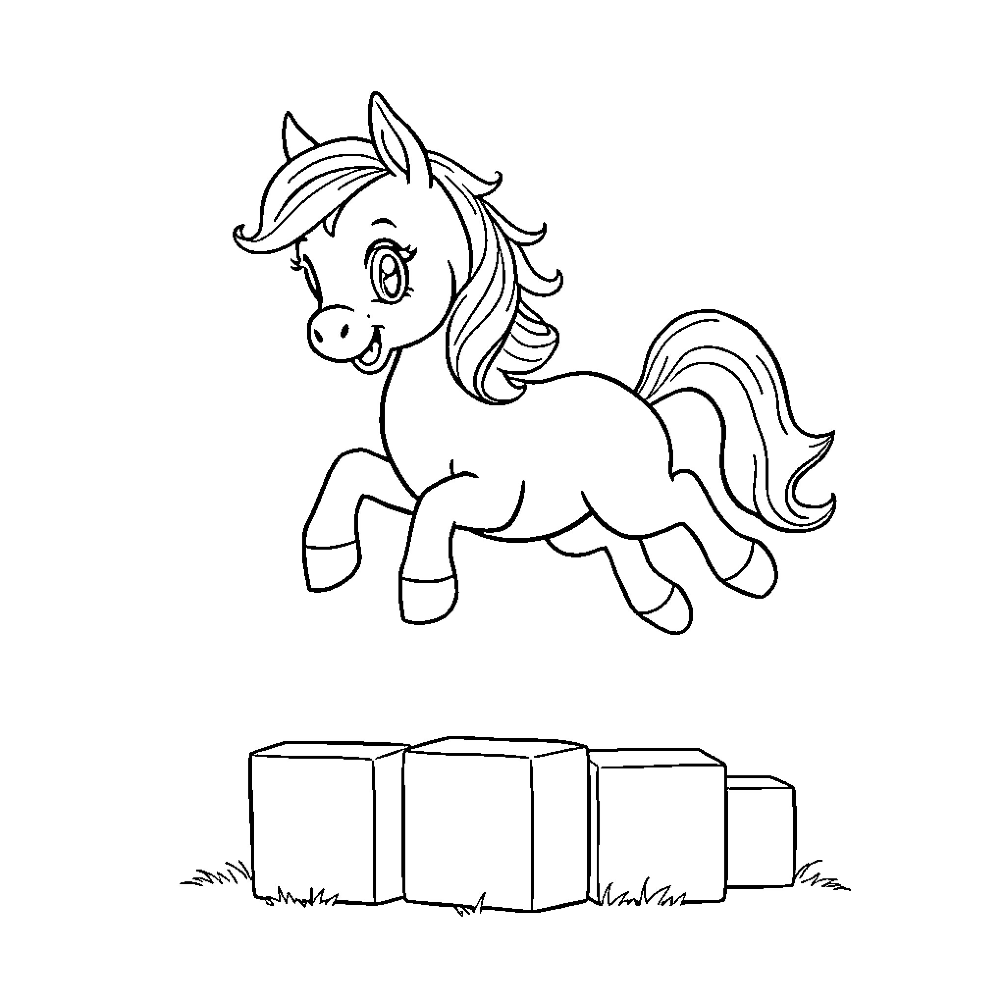 Pony prancing with joy near hay bales Coloring Page (free black-and-white line drawing printable PDF for all, from beginners to advanced learners, including children, teens, adults, and seniors)