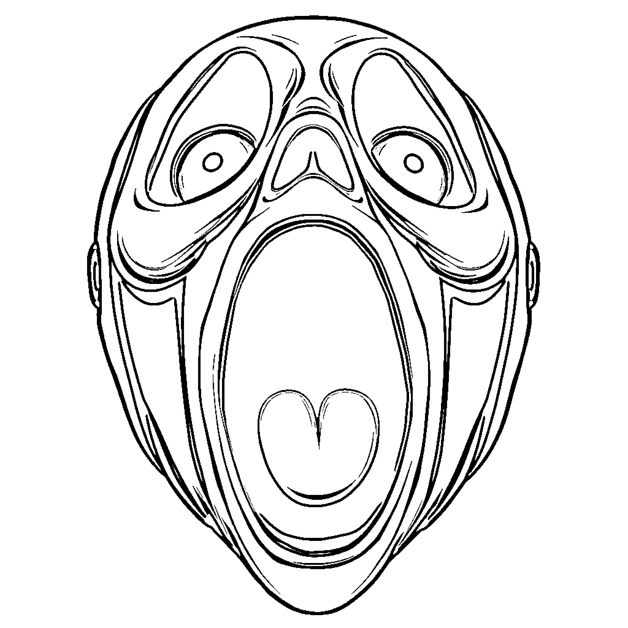 Scream Mask with Exaggerated Facial Features Coloring Page (free black-and-white line drawing printable PDF for all, from beginners to advanced learners, including children, teens, adults, and seniors)
