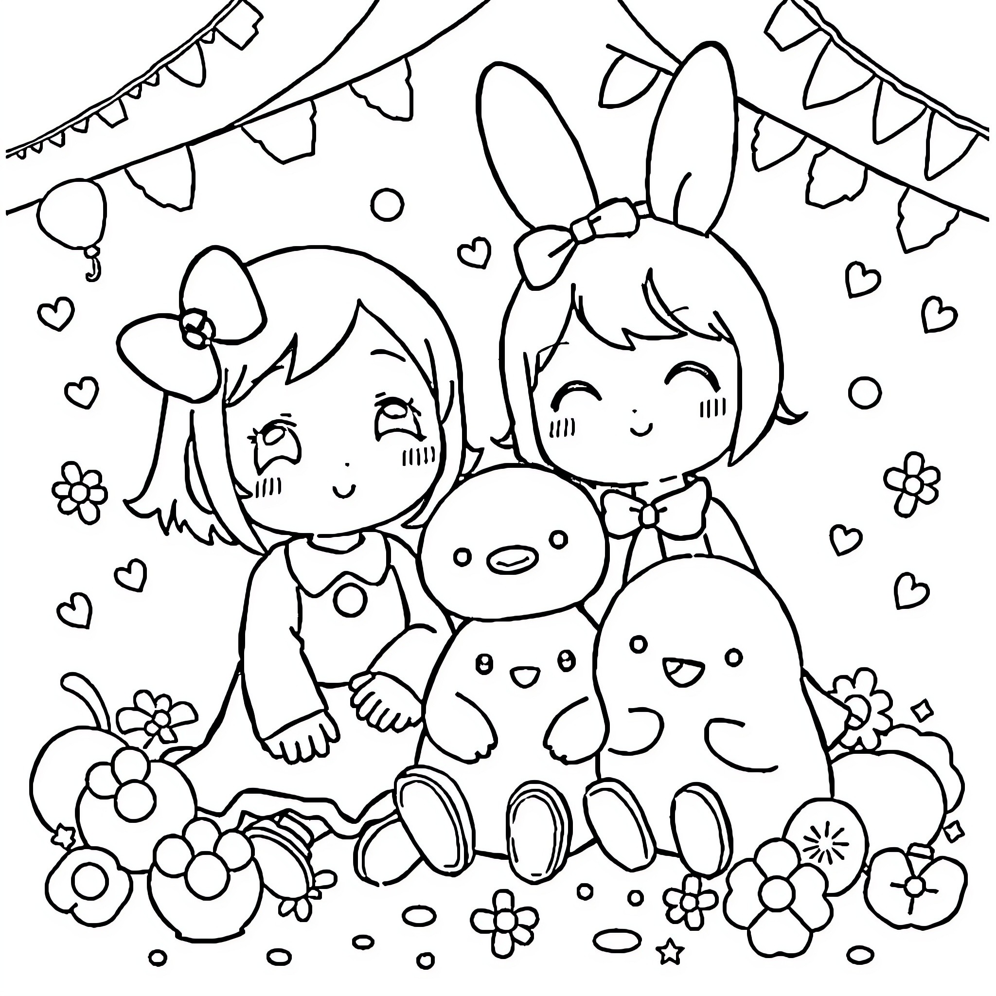 Kuromi and Friends Celebrate with Decorations Coloring Page (free black-and-white line drawing printable PDF for all, from beginners to advanced learners, including children, teens, adults, and seniors)