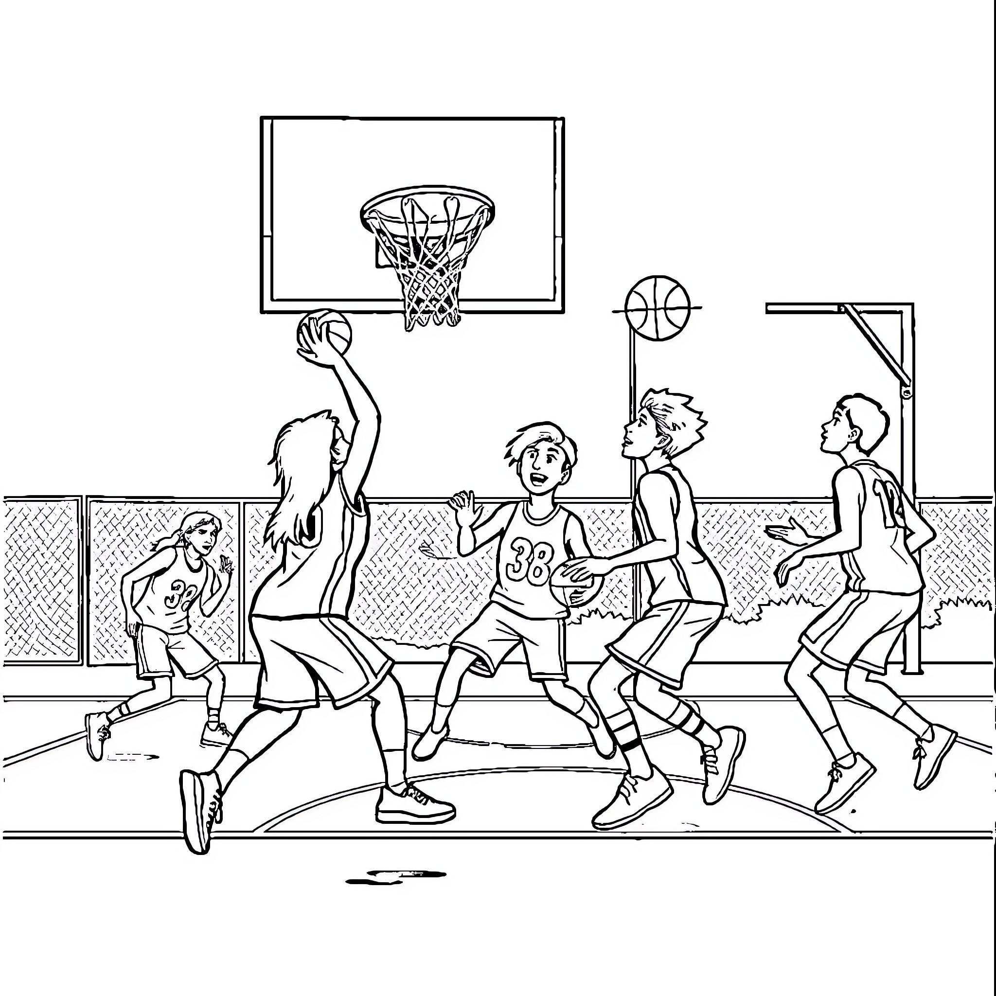 Tune Squad basketball players in action on the court Coloring Page (free black-and-white line drawing printable PDF for all, from beginners to advanced learners, including children, teens, adults, and seniors)