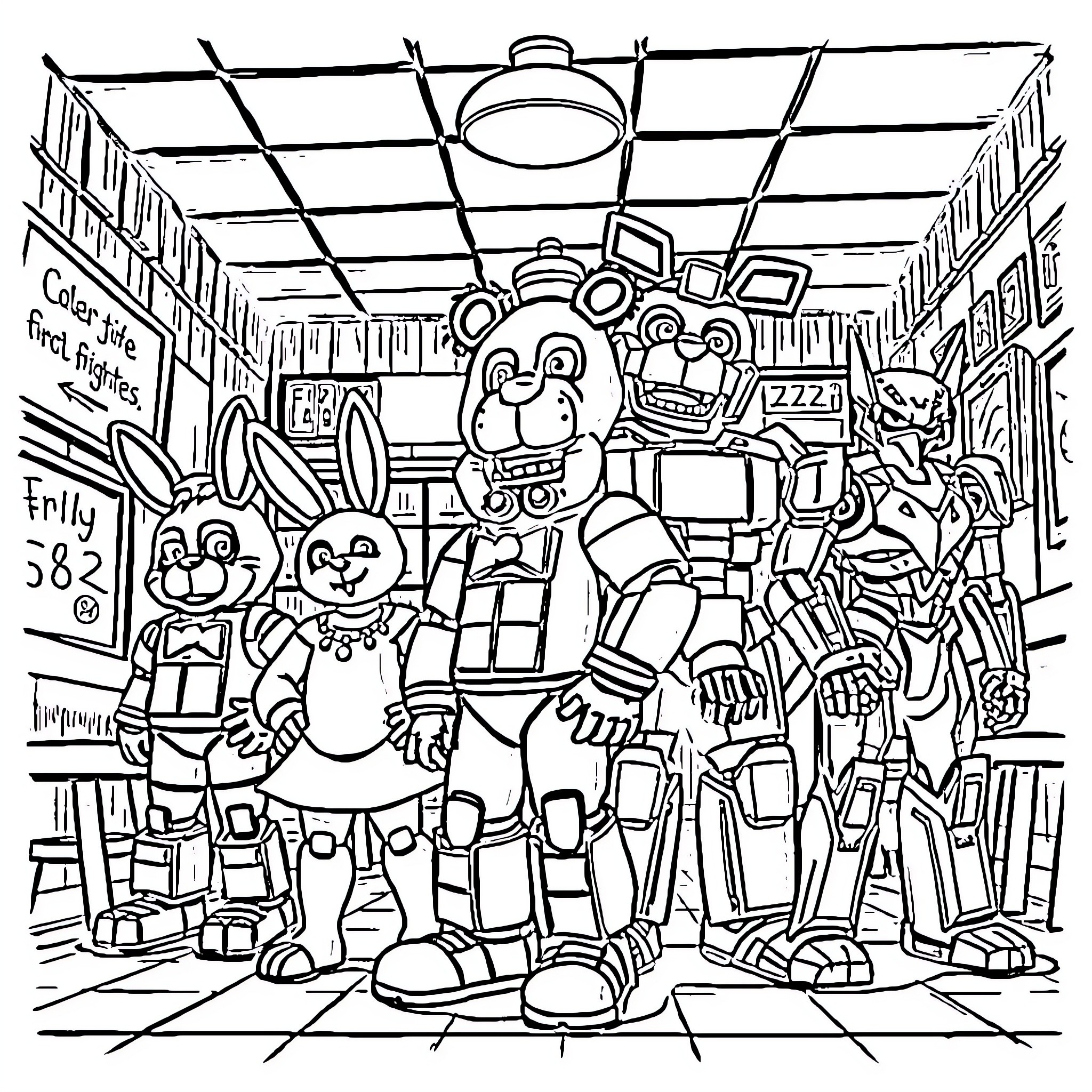 Freddy's Pizzeria: Animatronic Mayhem Coloring Page (free black-and-white line drawing printable PDF for all, from beginners to advanced learners, including children, teens, adults, and seniors)