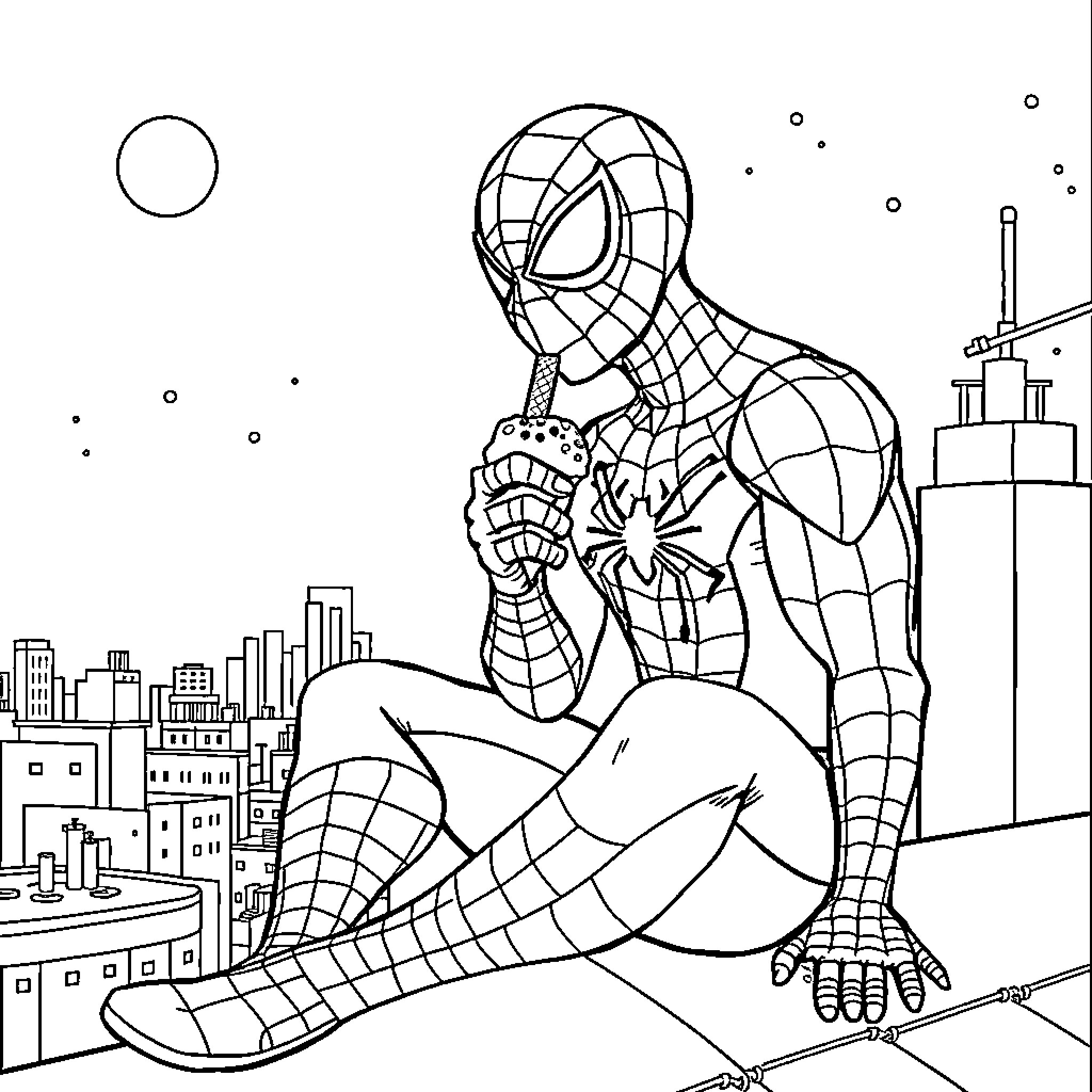 Spiderman overlooking the city at night Coloring Page (free black-and-white line drawing printable PDF for all, from beginners to advanced learners, including children, teens, adults, and seniors)