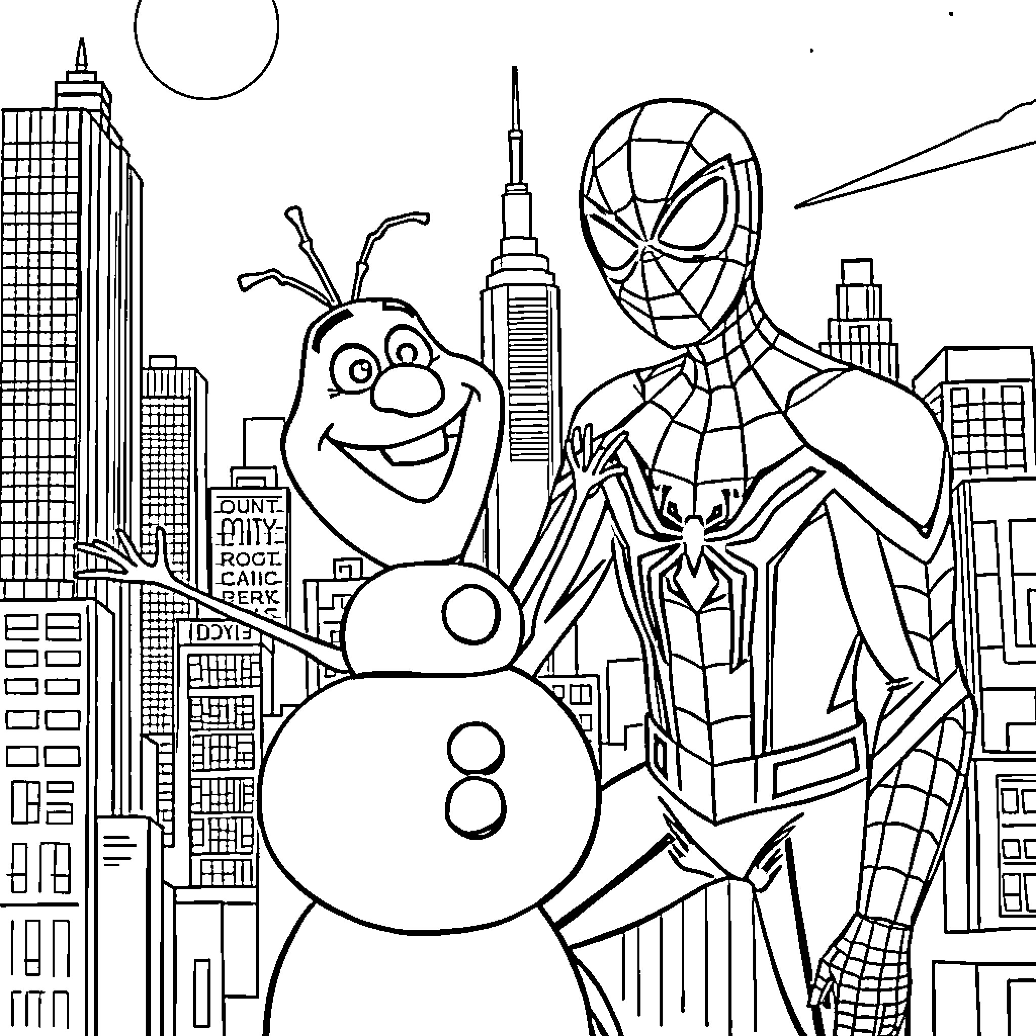 Olaf and Spiderman exploring the city skyline Coloring Page (free black-and-white line drawing printable PDF for all, from beginners to advanced learners, including children, teens, adults, and seniors)