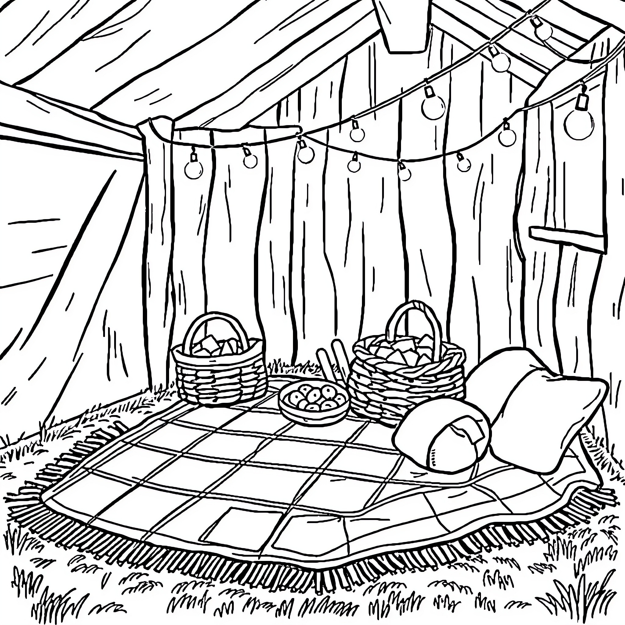Picnic in the Cozy Backyard with Festive Lights Coloring Page (free black-and-white line drawing printable PDF for all, from beginners to advanced learners, including children, teens, adults, and seniors)