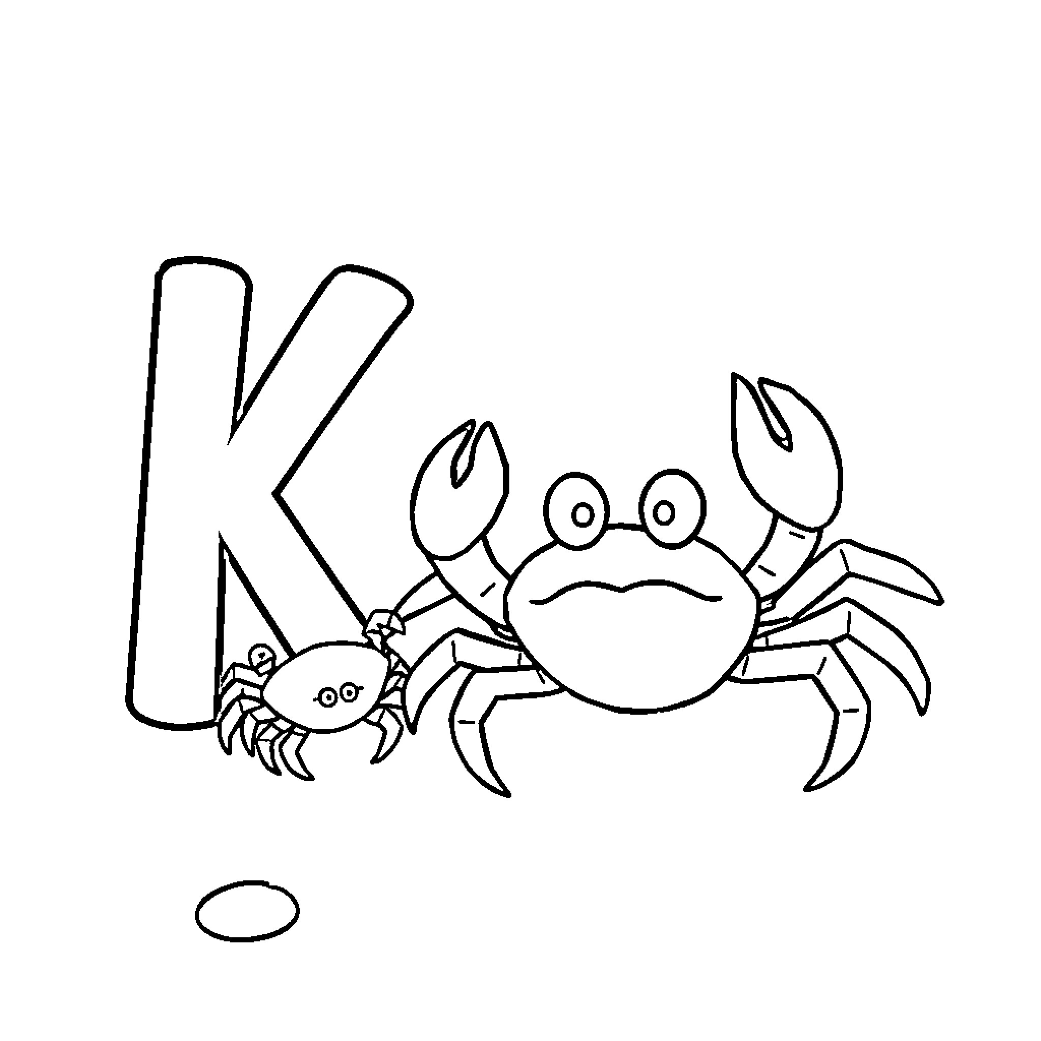 Letter 'K' and Crabs in Outline Coloring Page (free black-and-white line drawing printable PDF for all, from beginners to advanced learners, including children, teens, adults, and seniors)