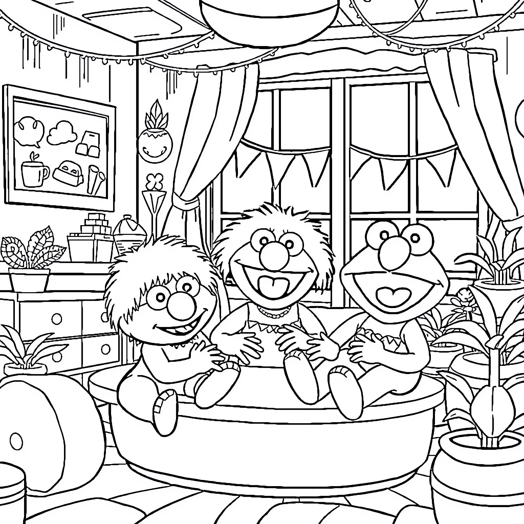 Muppet characters in a fun and festive scene Coloring Page (free black-and-white line drawing printable PDF for all, from beginners to advanced learners, including children, teens, adults, and seniors)