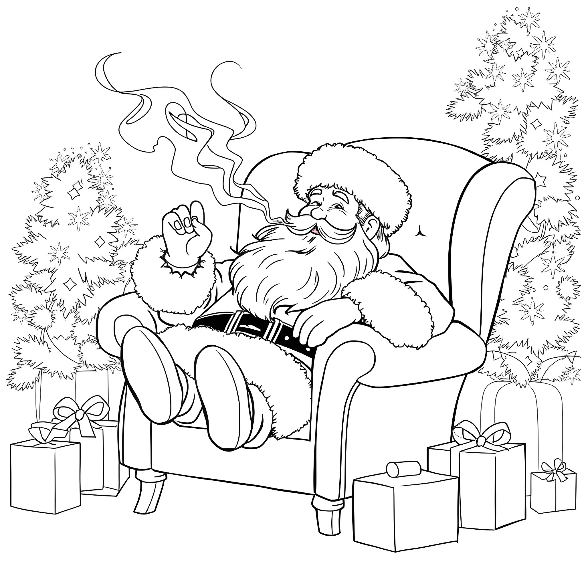 Santa Claus relaxing in his chair with gifts Coloring Page (free black-and-white line drawing printable PDF for all, from beginners to advanced learners, including children, teens, adults, and seniors)