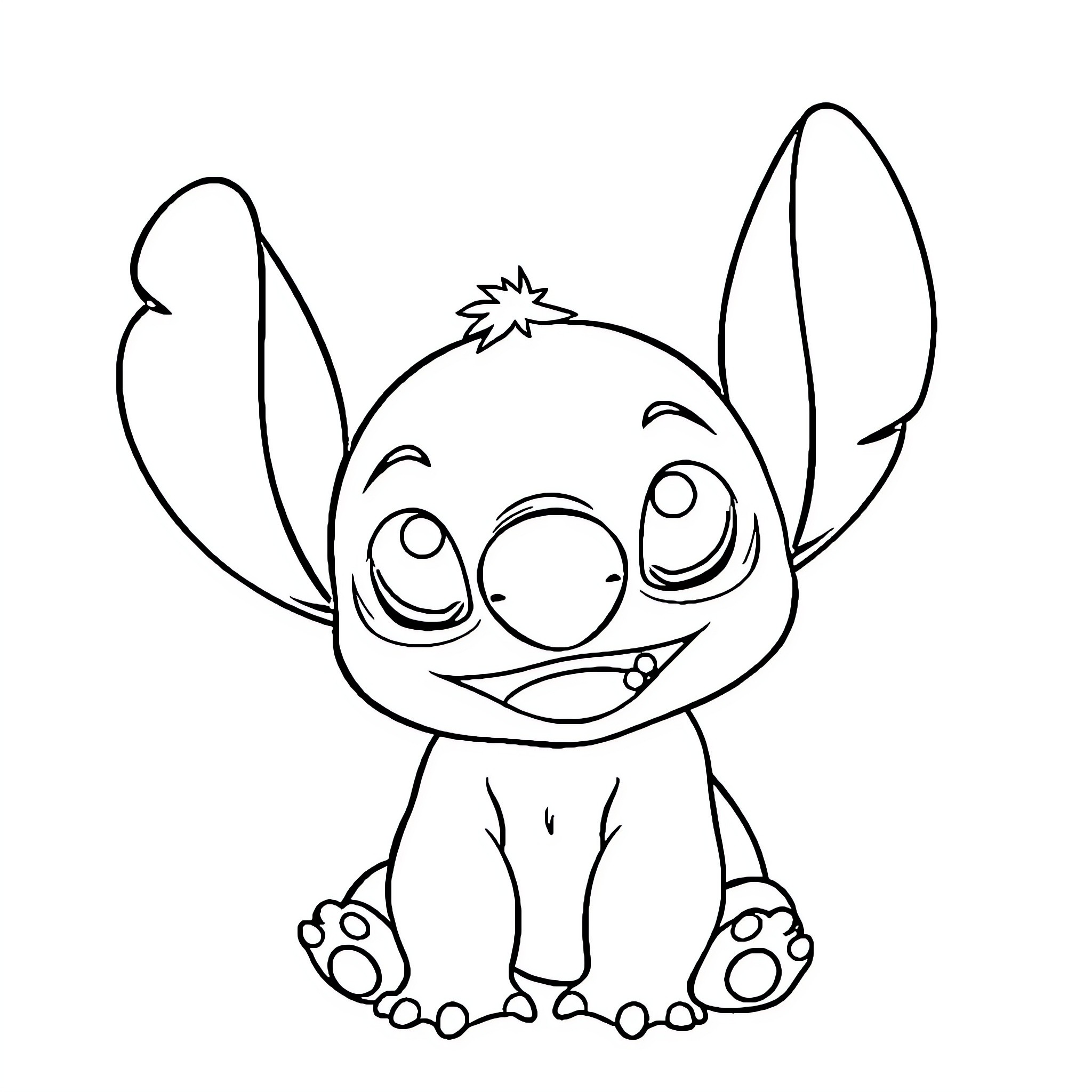 Stitch grinning and sitting happily Coloring Page (free black-and-white line drawing printable PDF for all, from beginners to advanced learners, including children, teens, adults, and seniors)