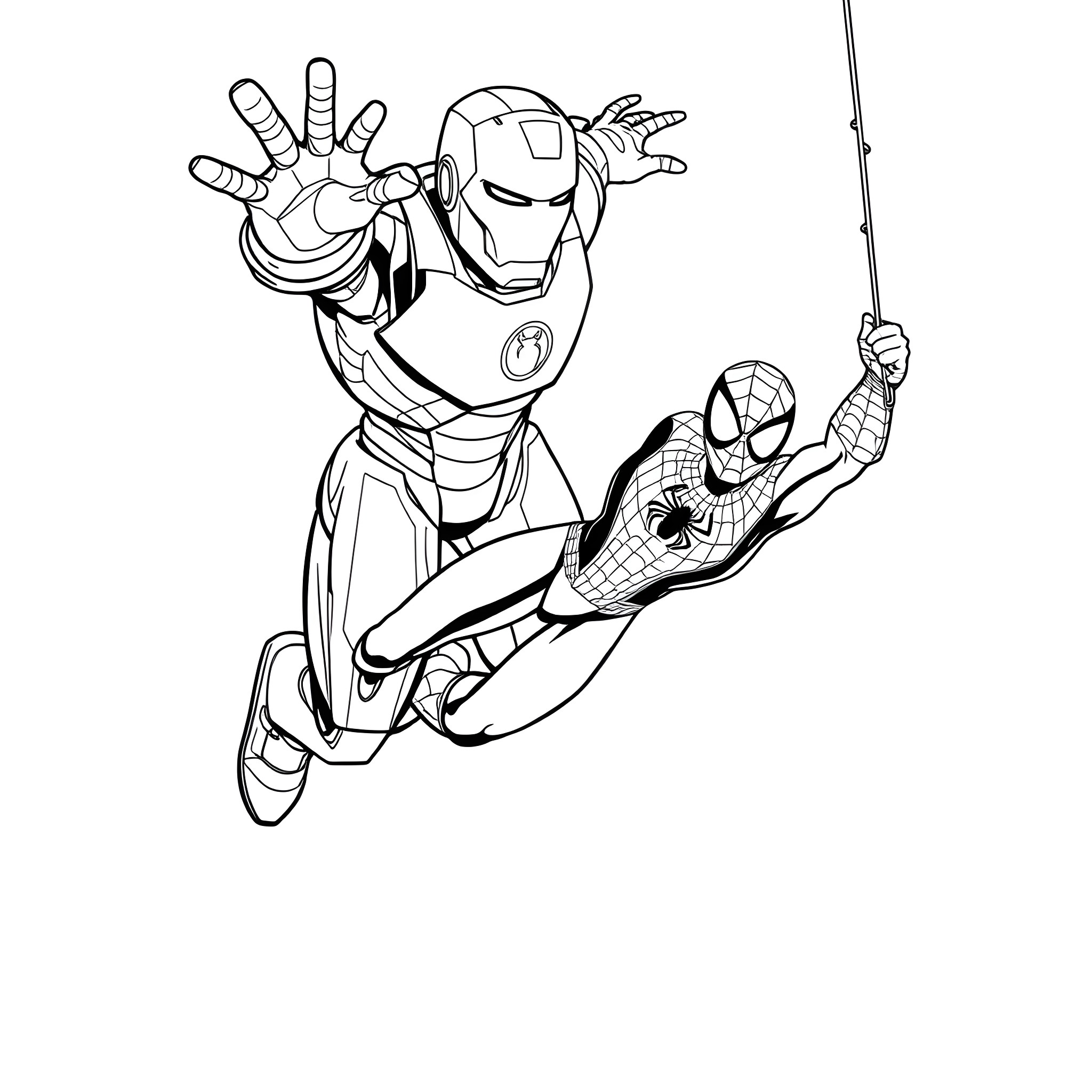 Iron Man and Spider-Man in heroic action pose Coloring Page (free black-and-white line drawing printable PDF for all, from beginners to advanced learners, including children, teens, adults, and seniors)