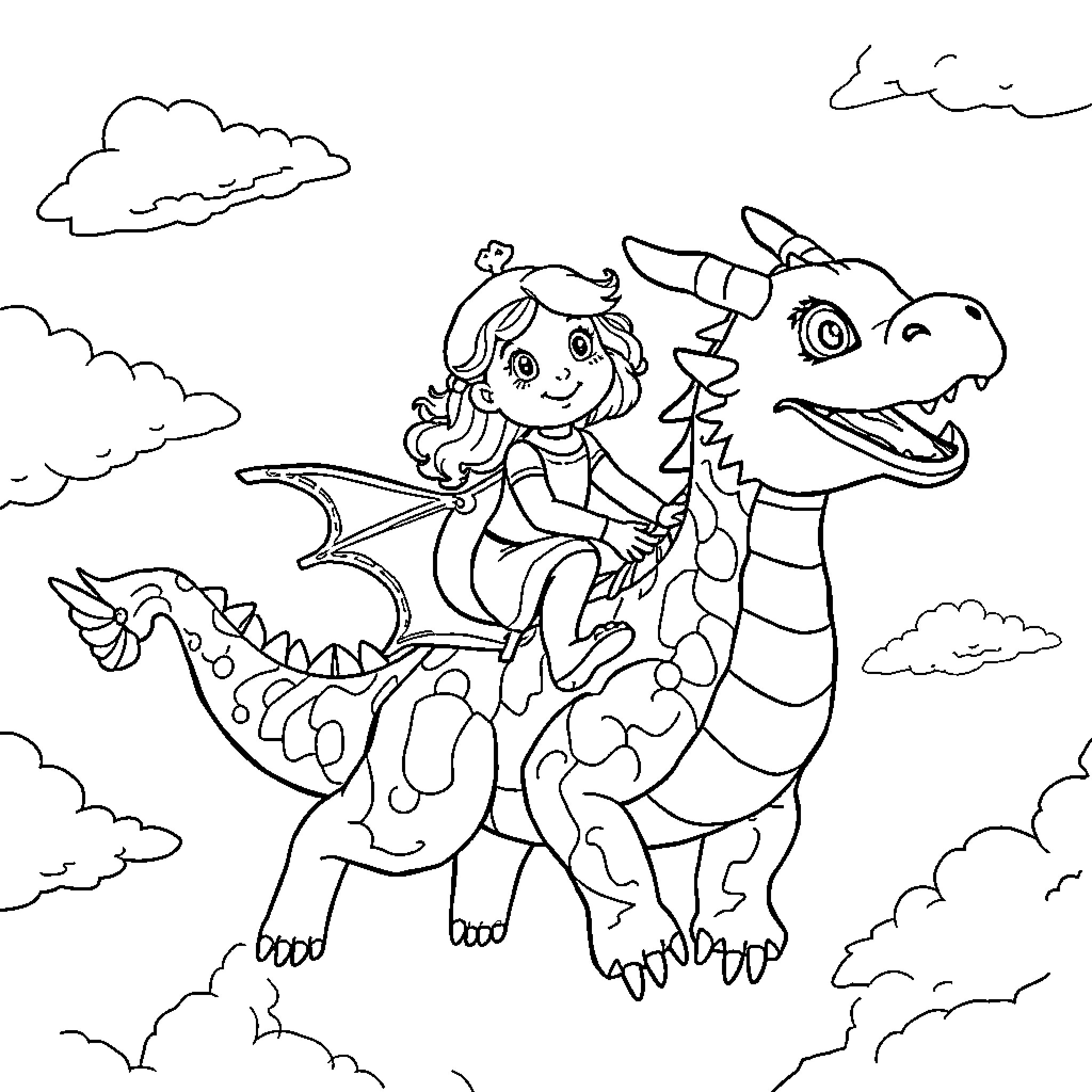 Girl Riding a Friendly Dragon in the Sky Coloring Page (free black-and-white line drawing printable PDF for all, from beginners to advanced learners, including children, teens, adults, and seniors)