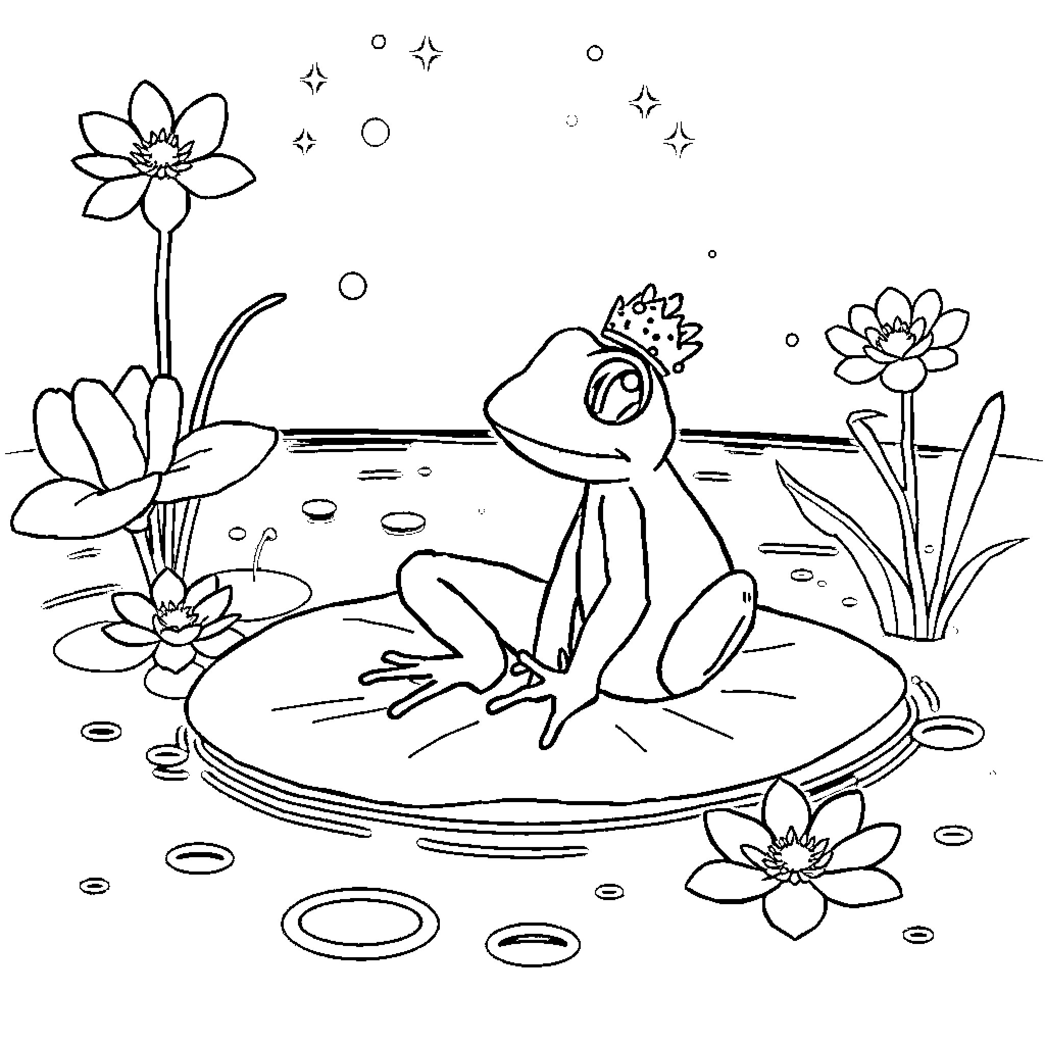 Frog sitting on a lily pad among flowers Coloring Page (free black-and-white line drawing printable PDF for all, from beginners to advanced learners, including children, teens, adults, and seniors)