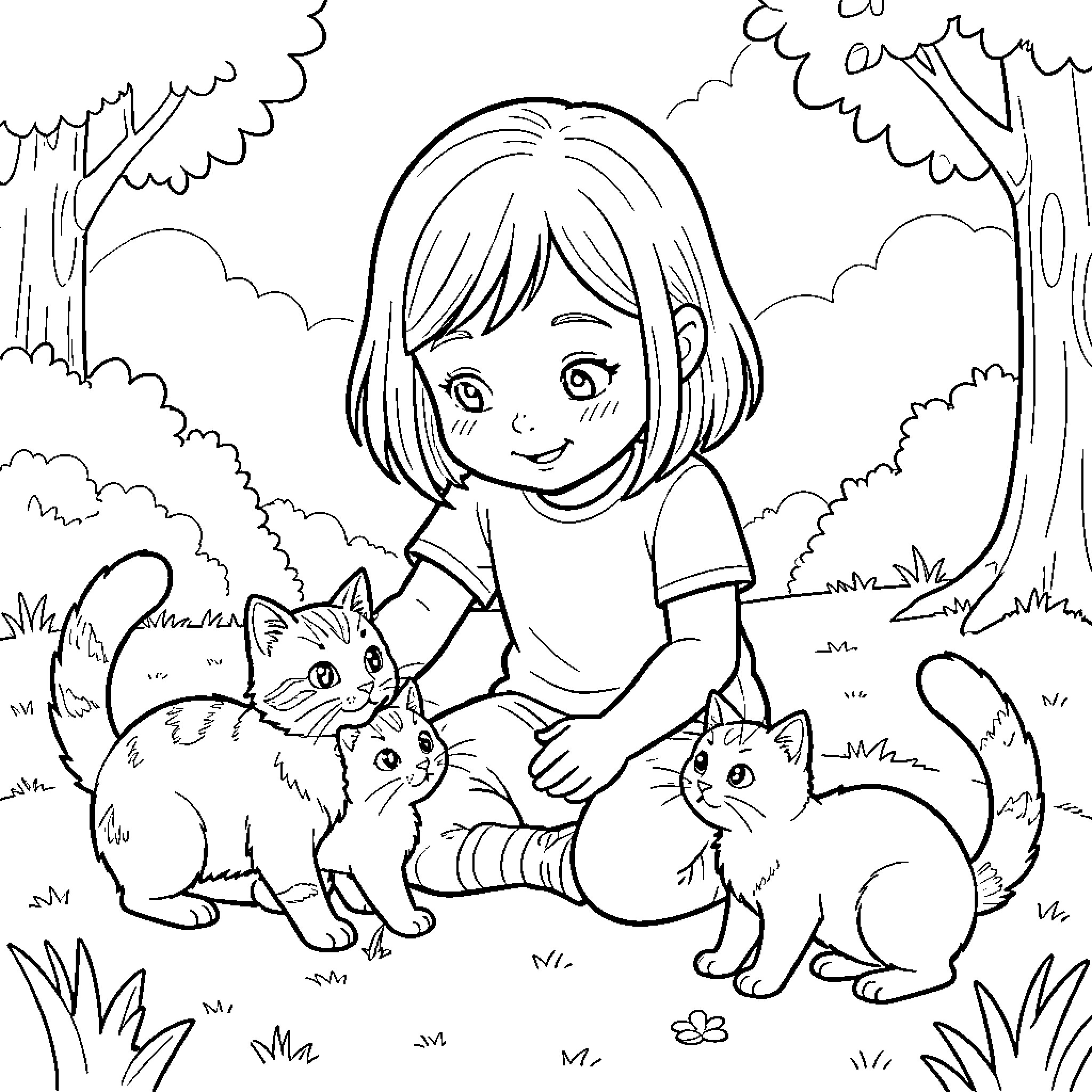 Caitlin smiling while playing with kittens in nature Coloring Page (free black-and-white line drawing printable PDF for all, from beginners to advanced learners, including children, teens, adults, and seniors)