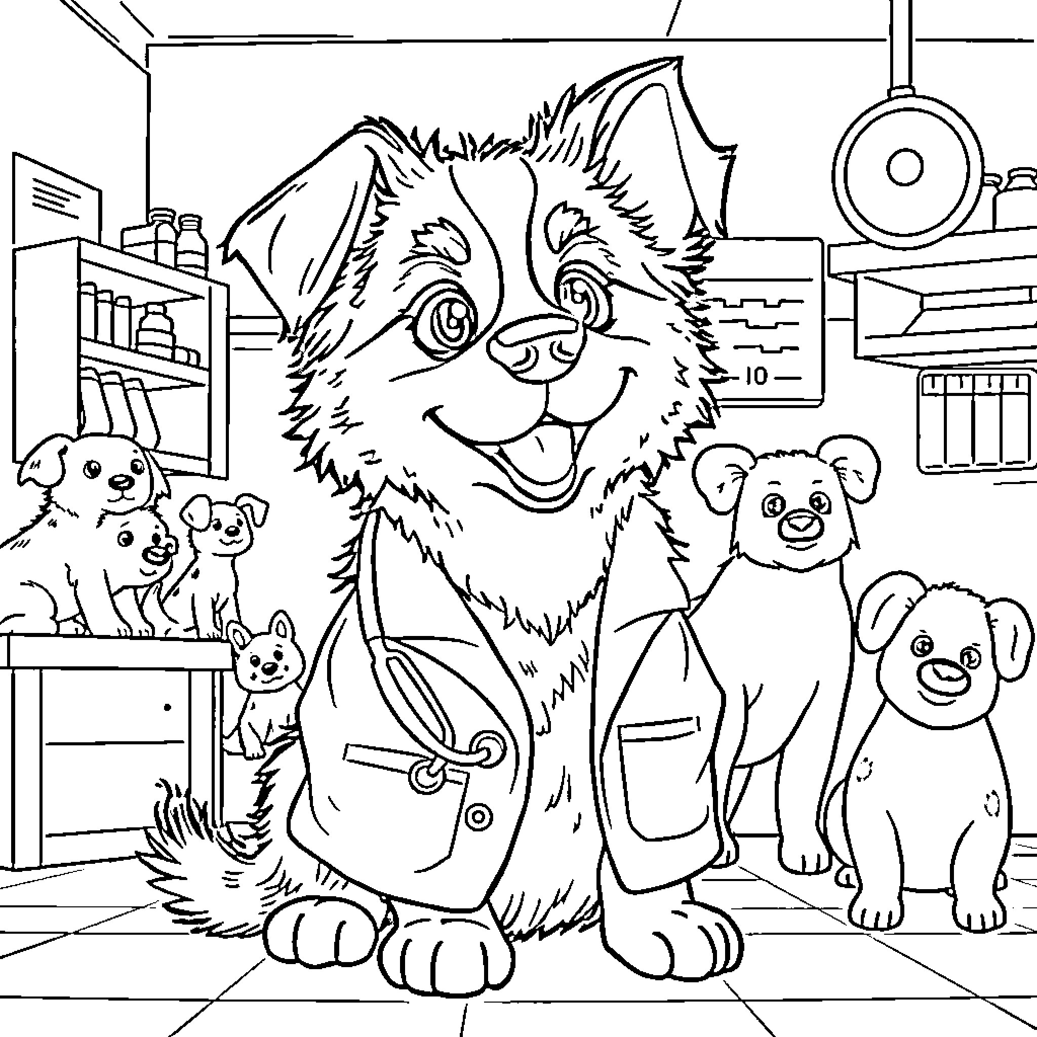 Dog and puppies at the veterinary office Coloring Page (free black-and-white line drawing printable PDF for all, from beginners to advanced learners, including children, teens, adults, and seniors)