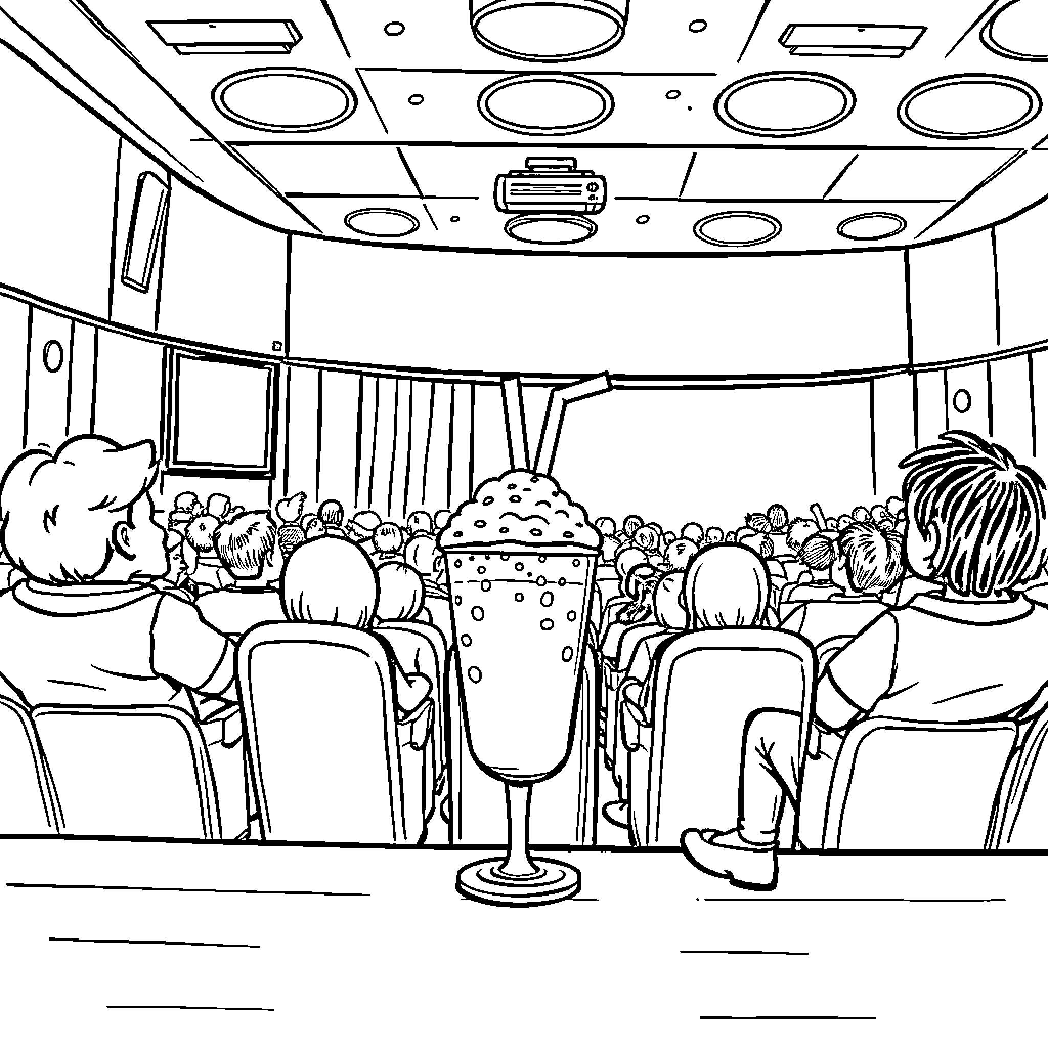 Soda in the Crowded Theater Coloring Page (free black-and-white line drawing printable PDF for all, from beginners to advanced learners, including children, teens, adults, and seniors)