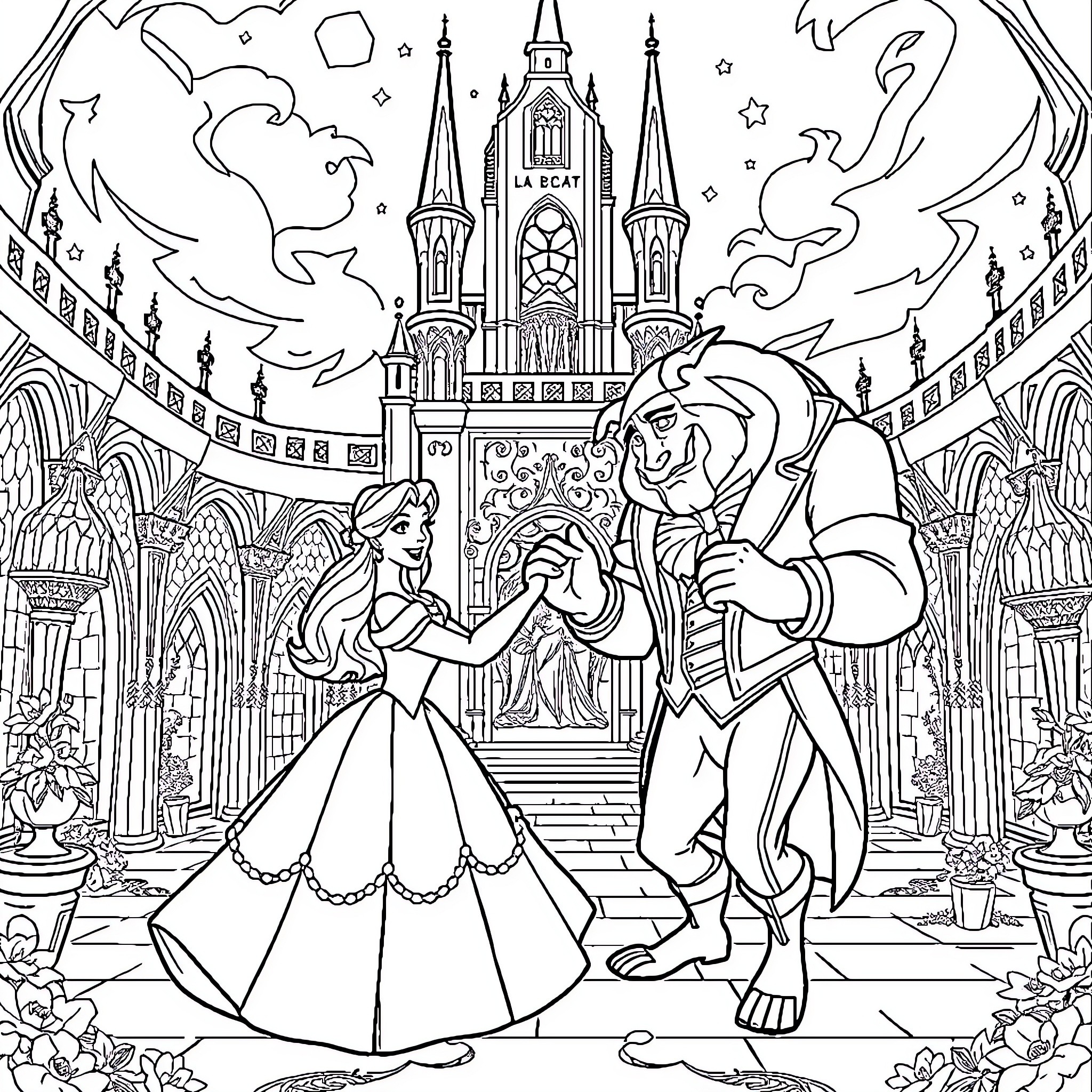 Beauty And The Beast - Enchanted Castle Encounter Coloring Page (free black-and-white line drawing printable PDF for all, from beginners to advanced learners, including children, teens, adults, and seniors)