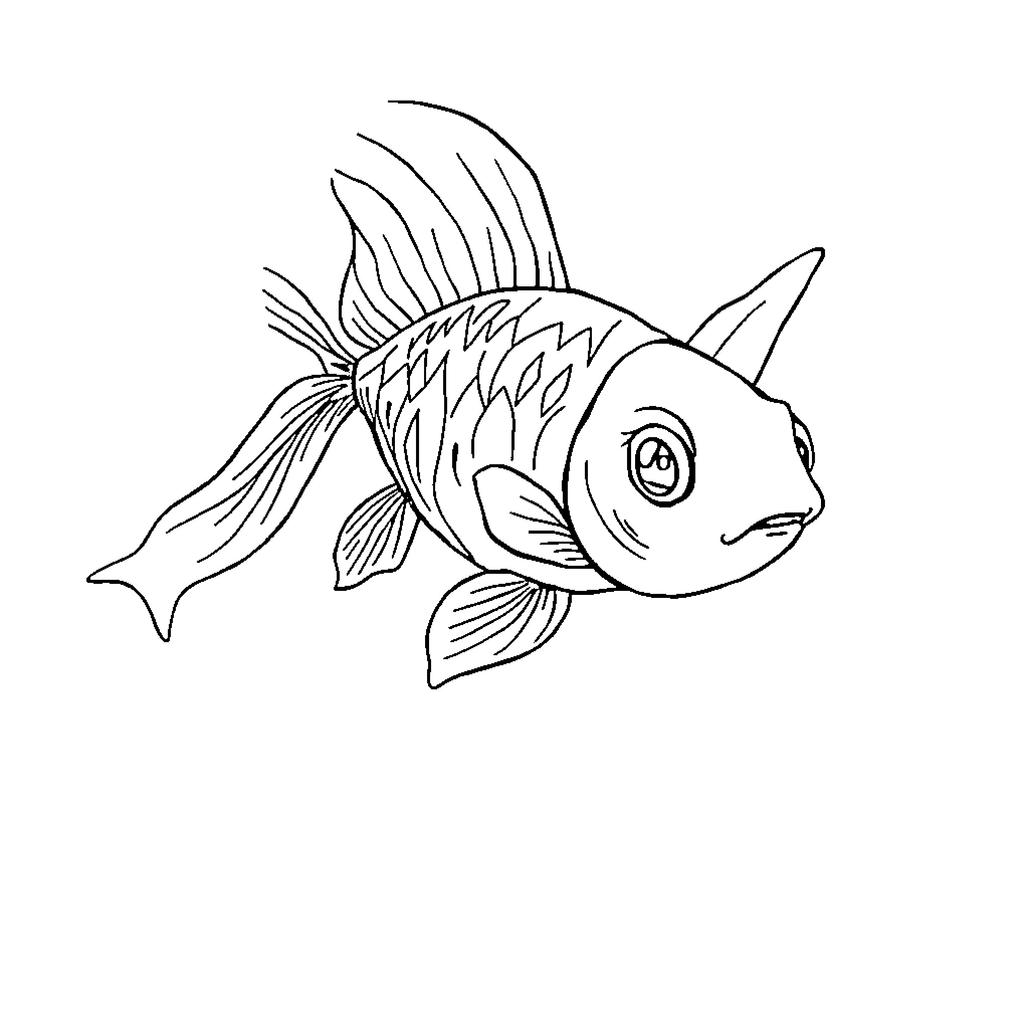 Goldfish swimming gracefully in monochrome Coloring Page (free black-and-white line drawing printable PDF for all, from beginners to advanced learners, including children, teens, adults, and seniors)
