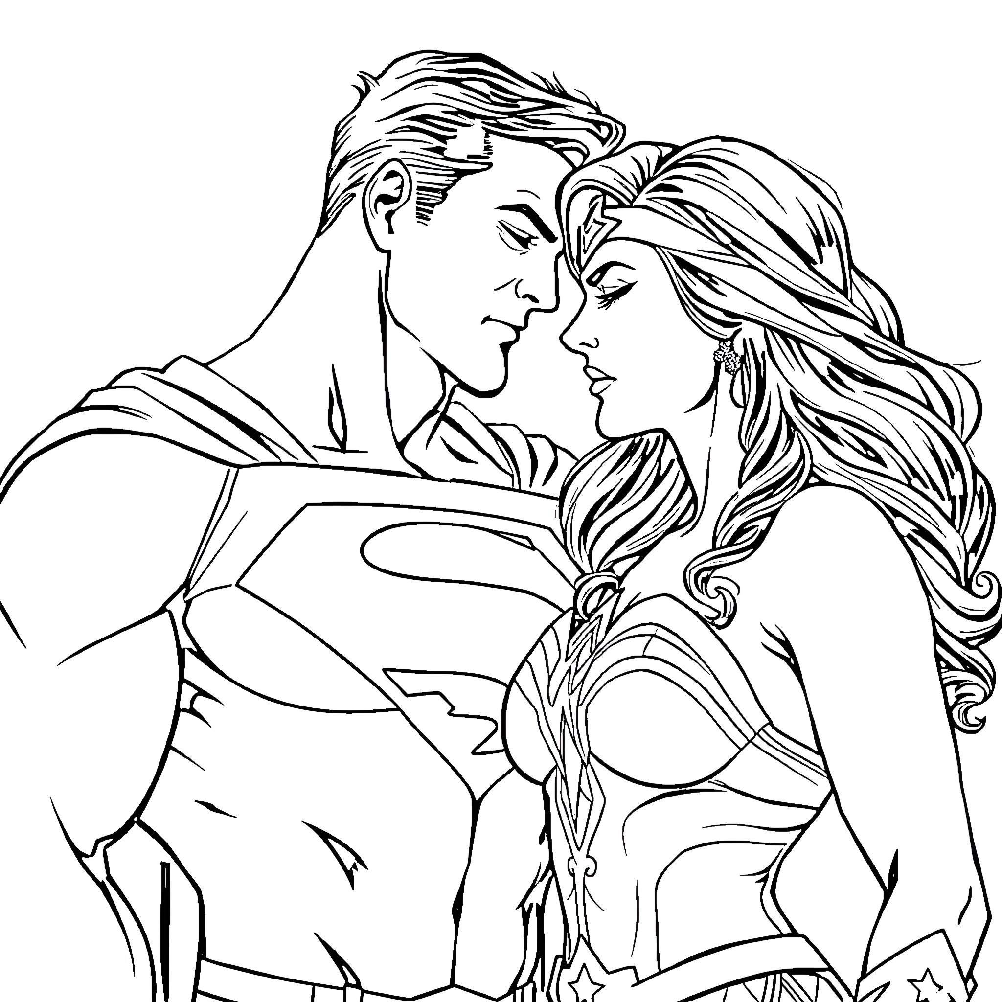 Superman and Wonder Woman in a loving embrace Coloring Page (free black-and-white line drawing printable PDF for all, from beginners to advanced learners, including children, teens, adults, and seniors)