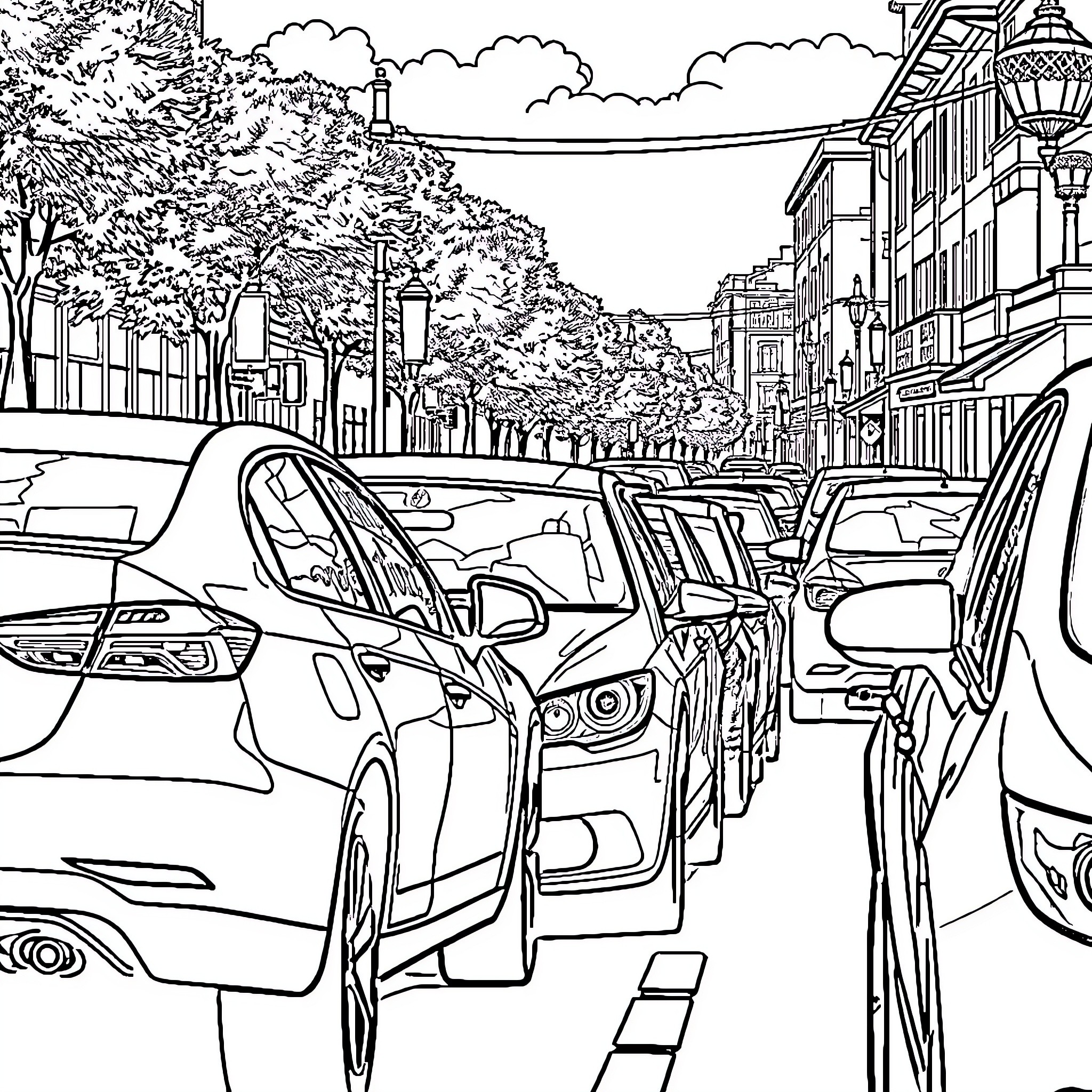 Car traffic on a busy city street Coloring Page (free black-and-white line drawing printable PDF for all, from beginners to advanced learners, including children, teens, adults, and seniors)