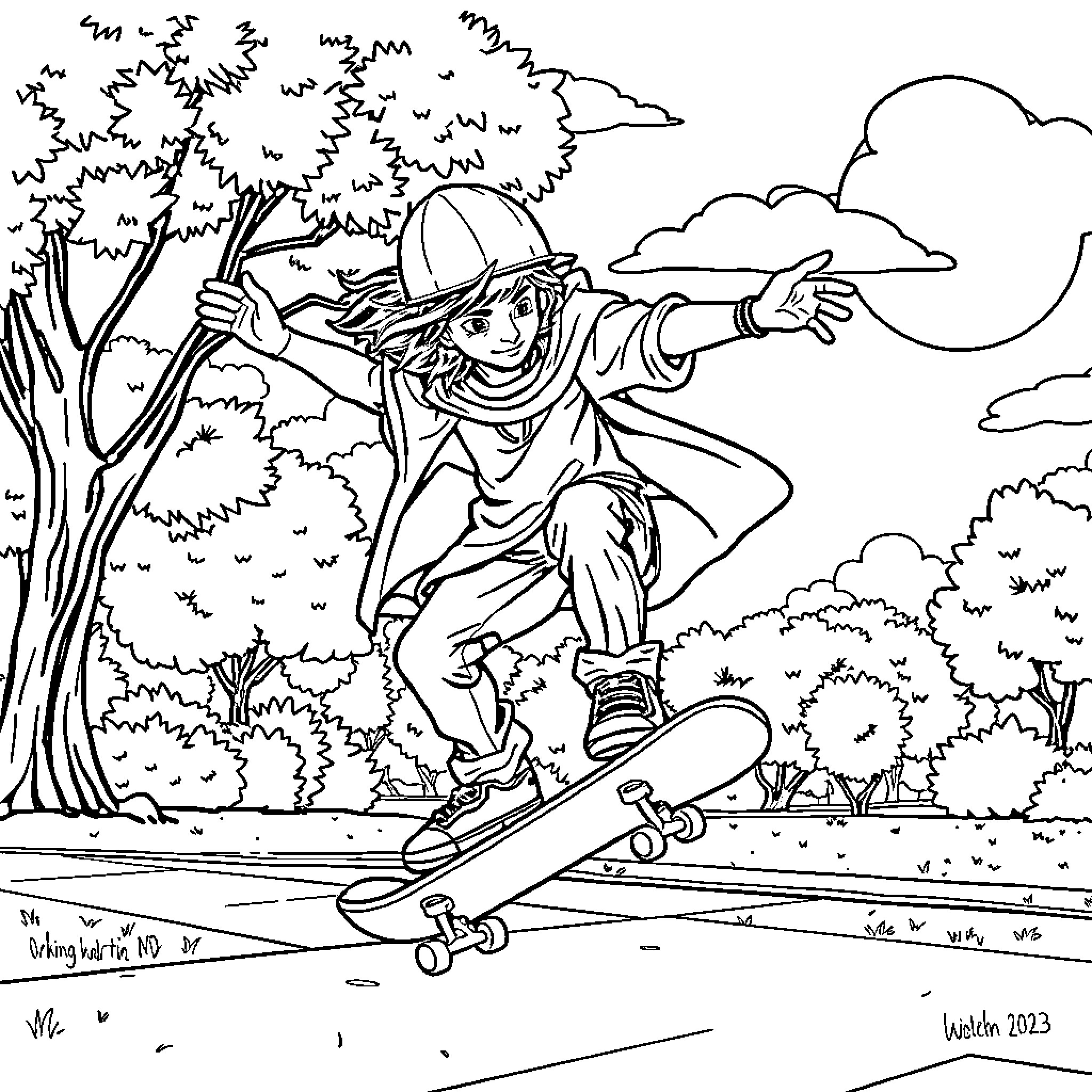 Alexander skateboarding through the forest adventure Coloring Page (free black-and-white line drawing printable PDF for all, from beginners to advanced learners, including children, teens, adults, and seniors)