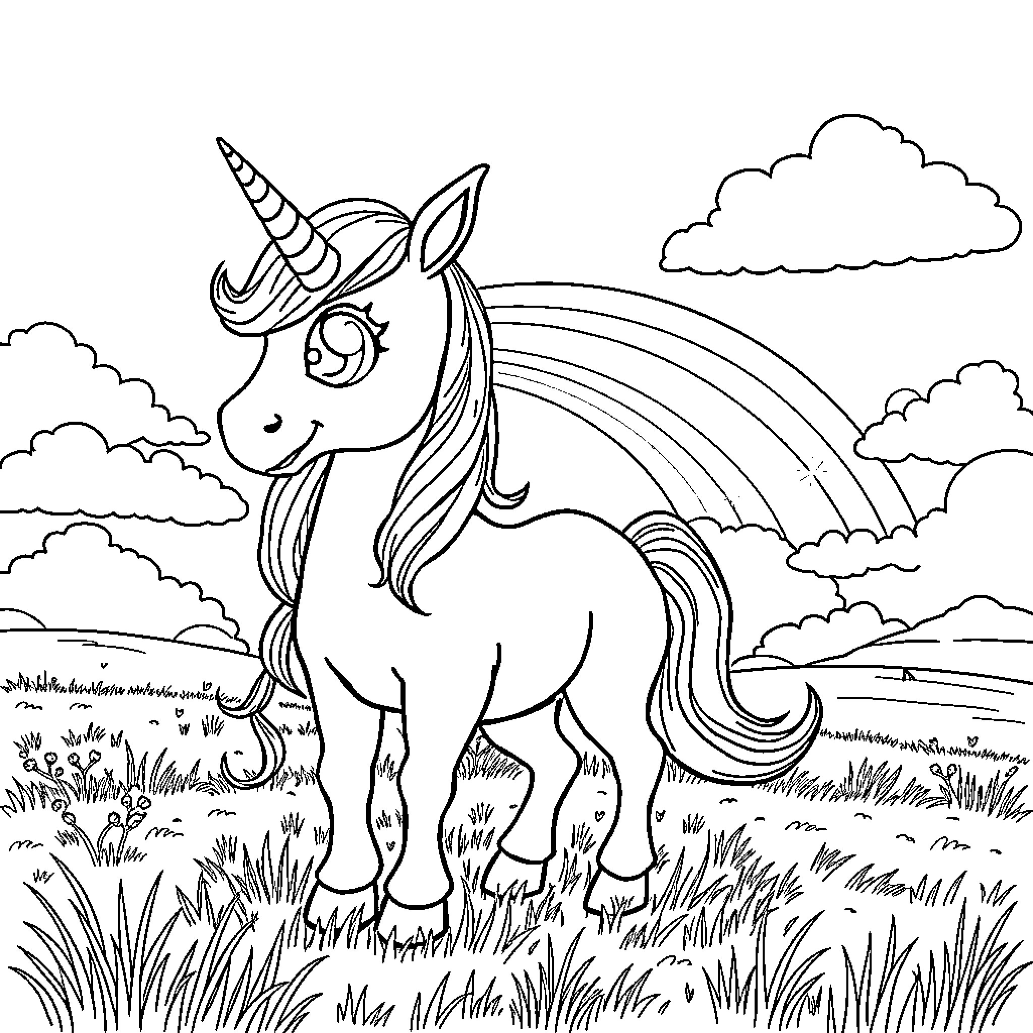 Unicorn playing in a magical meadow Coloring Page (free black-and-white line drawing printable PDF for all, from beginners to advanced learners, including children, teens, adults, and seniors)