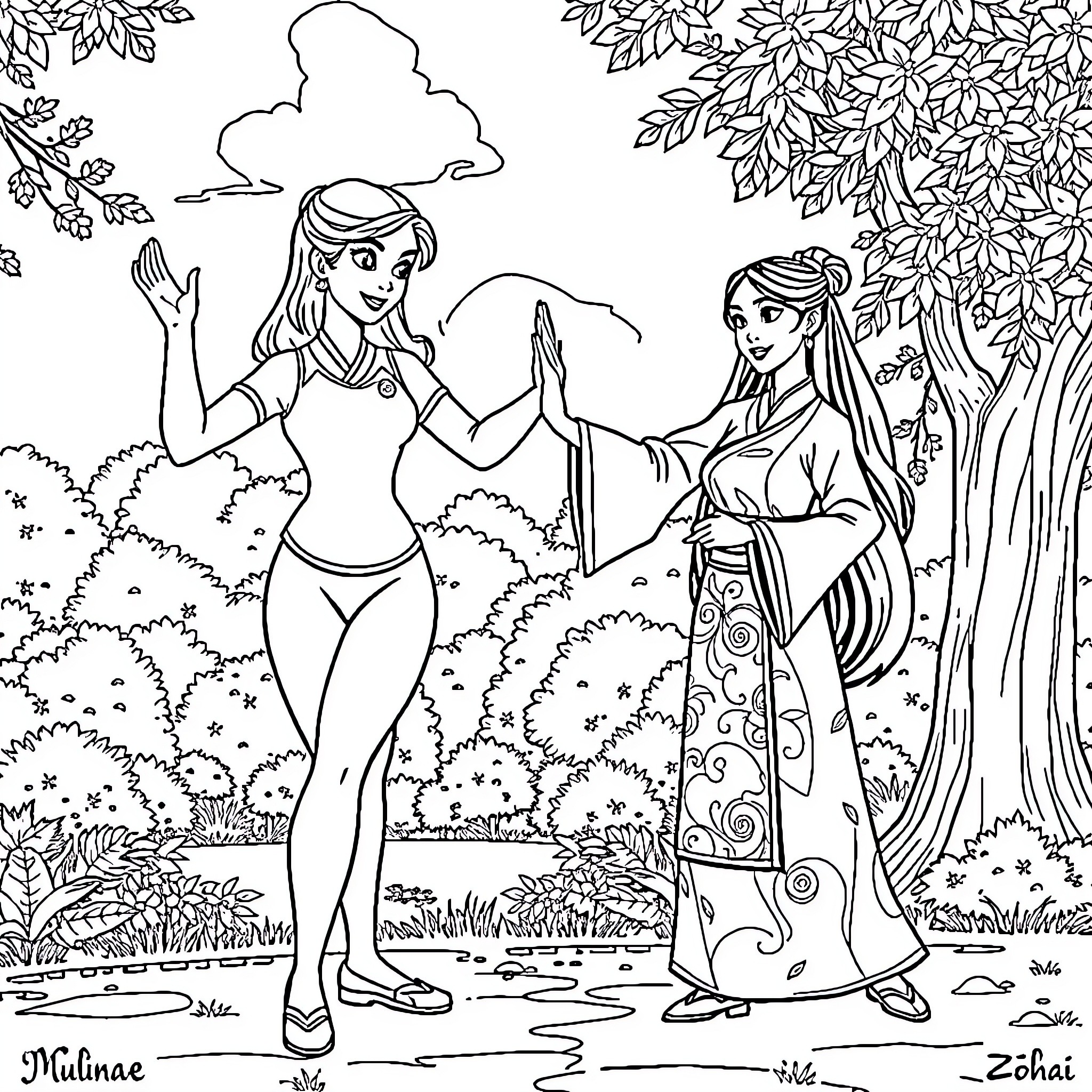 Princess friends in magical forest scene Coloring Page (free black-and-white line drawing printable PDF for all, from beginners to advanced learners, including children, teens, adults, and seniors)