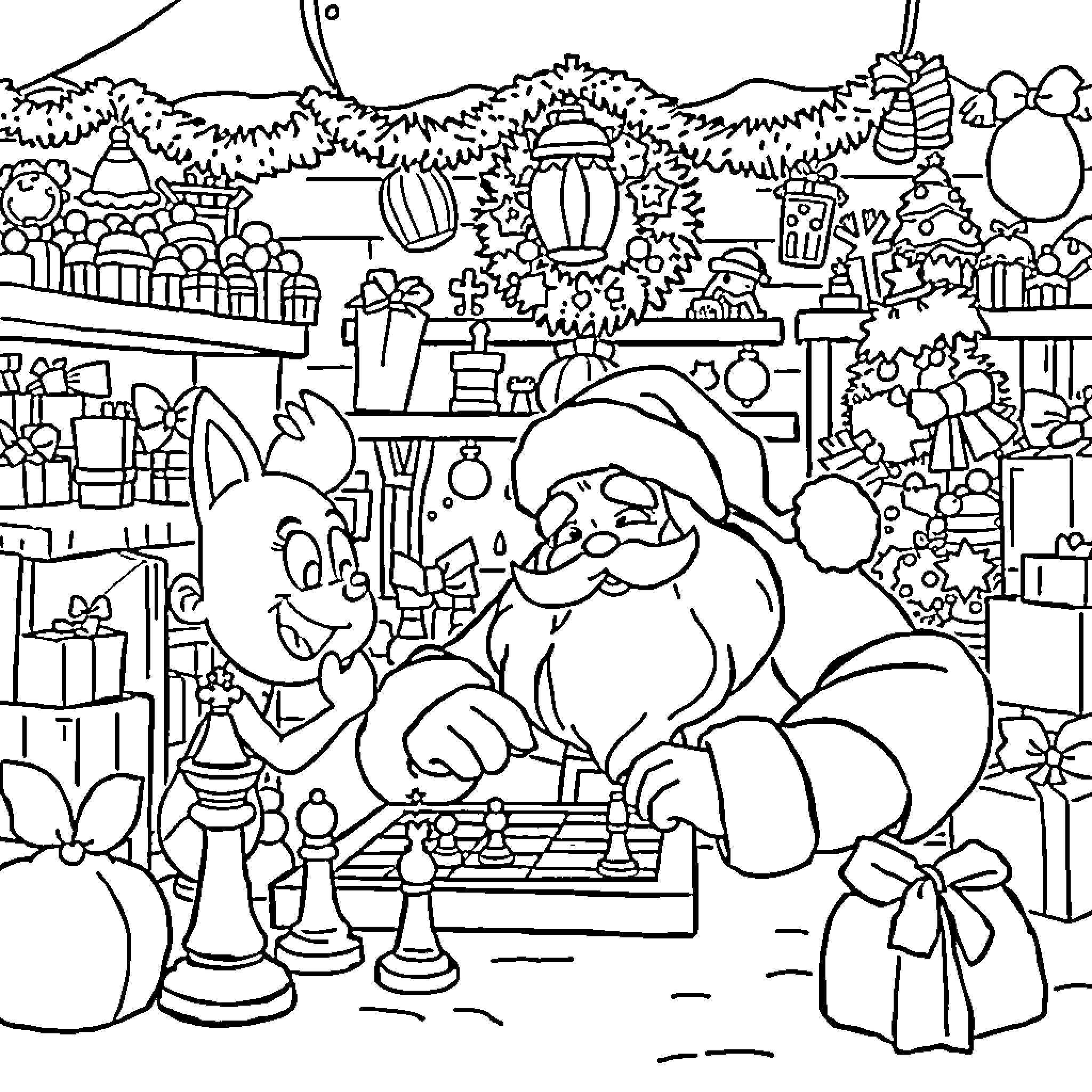 Bluey playing chess with Santa in a festive scene Coloring Page (free black-and-white line drawing printable PDF for all, from beginners to advanced learners, including children, teens, adults, and seniors)
