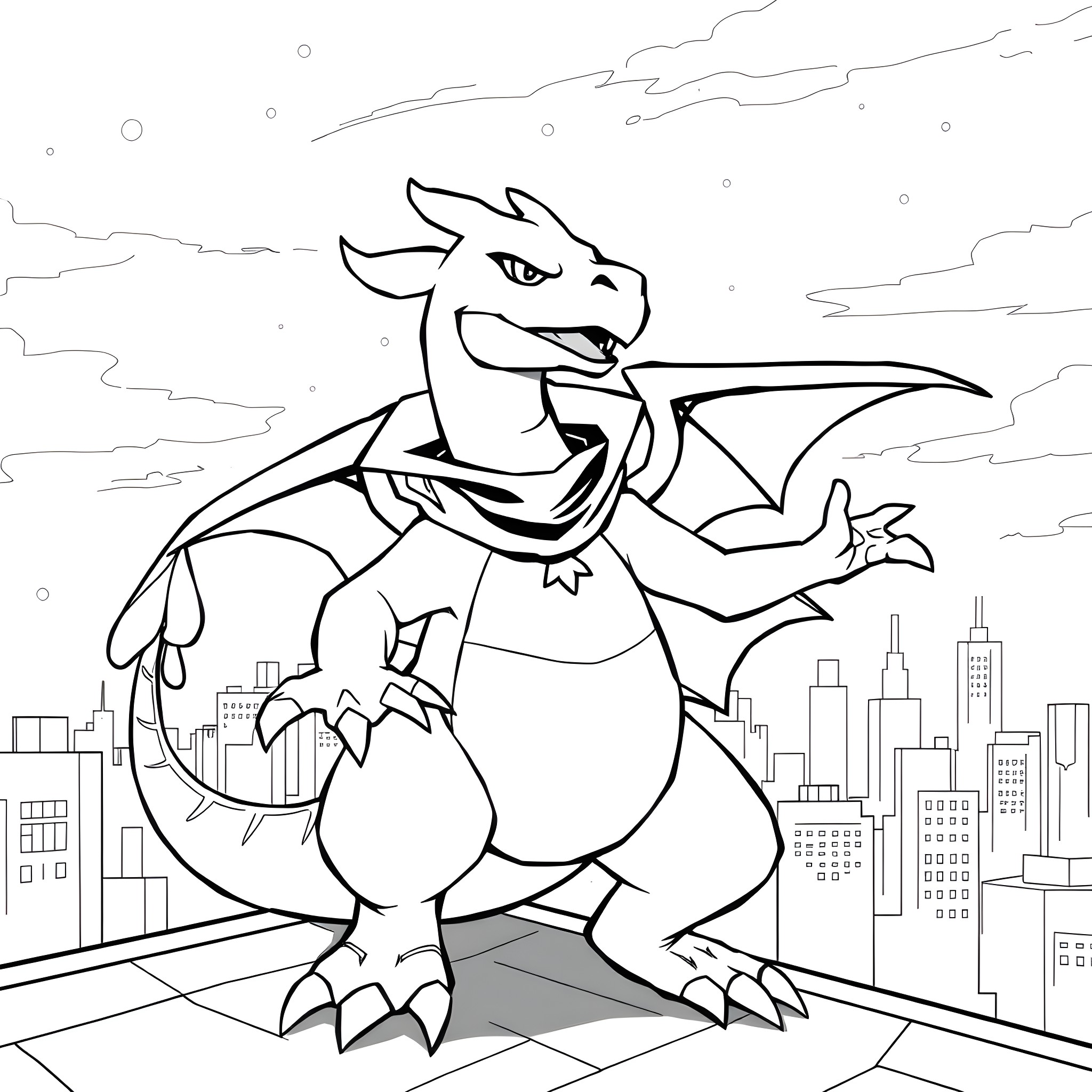 Charizard Soaring Over the City Coloring Page (free black-and-white line drawing printable PDF for all, from beginners to advanced learners, including children, teens, adults, and seniors)
