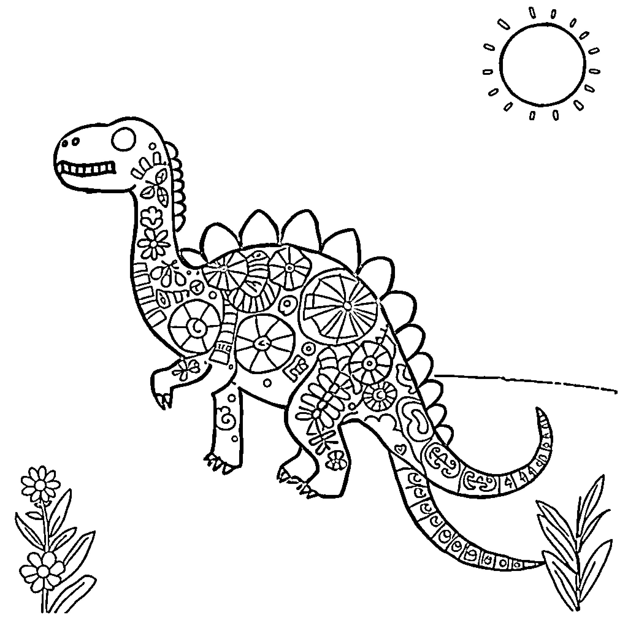 Dinosaur with floral patterns exploring nature Coloring Page (free black-and-white line drawing printable PDF for all, from beginners to advanced learners, including children, teens, adults, and seniors)