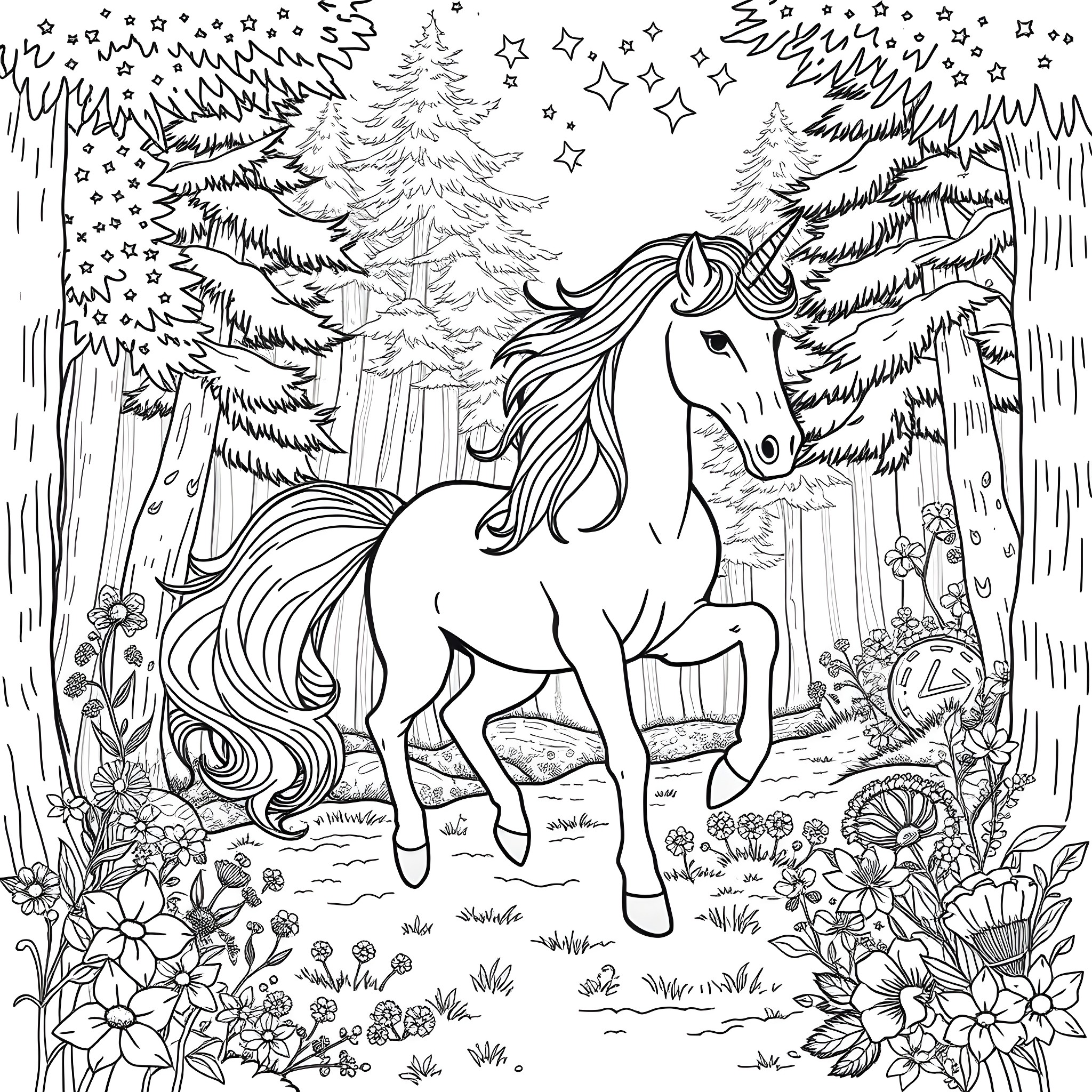 Unicorn in a magical forest with sparkling stars Coloring Page (free black-and-white line drawing printable PDF for all, from beginners to advanced learners, including children, teens, adults, and seniors)