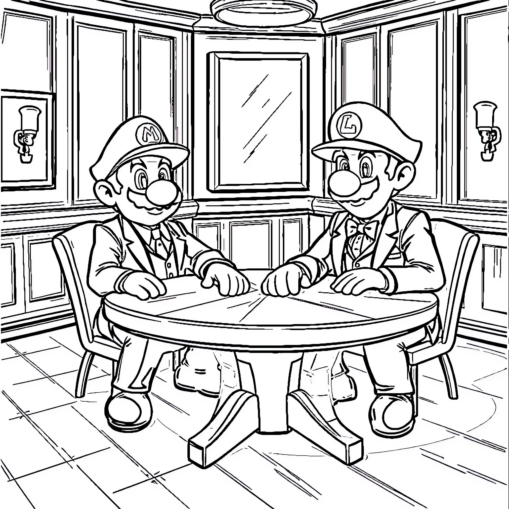 Mario and Luigi in Formal Attire Conversing at Table Coloring Page (free black-and-white line drawing printable PDF for all, from beginners to advanced learners, including children, teens, adults, and seniors)