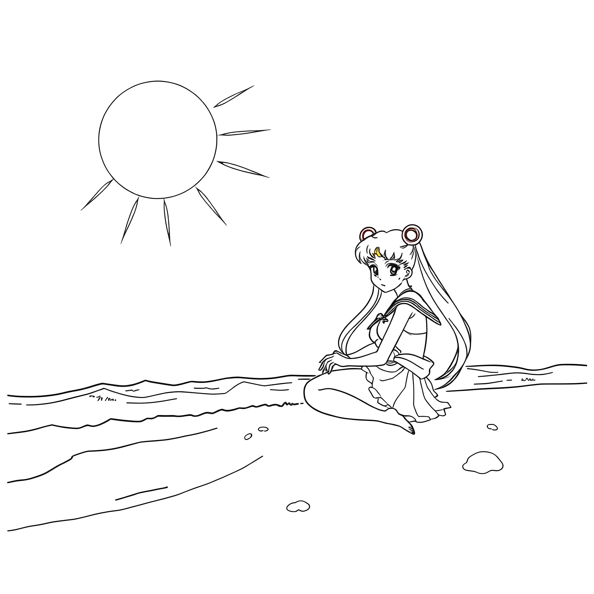Sailor Moon relaxing on the beach under the sun Coloring Page (free black-and-white line drawing printable PDF for all, from beginners to advanced learners, including children, teens, adults, and seniors)