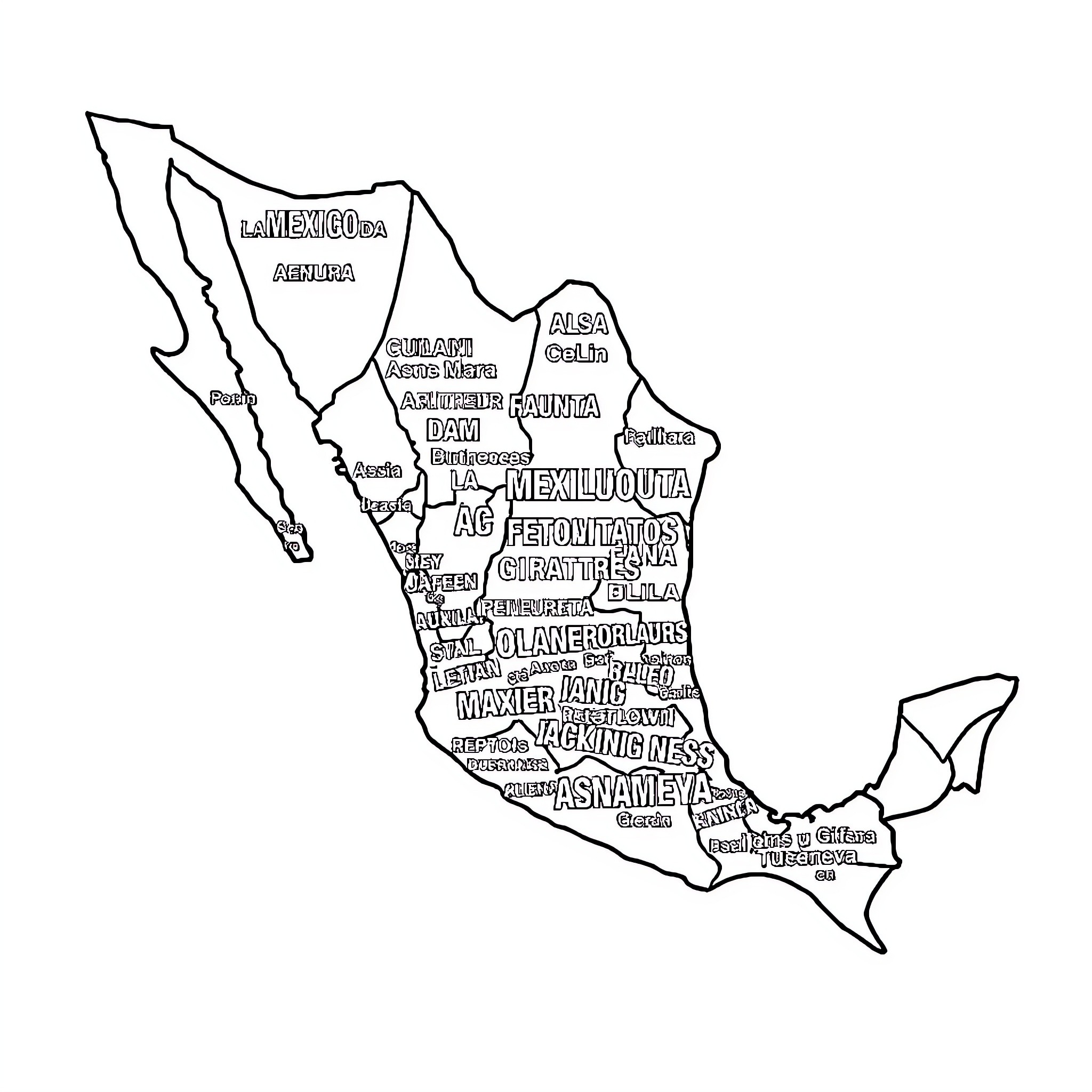 Mapa of Mexico's geographical divisions Coloring Page (free black-and-white line drawing printable PDF for all, from beginners to advanced learners, including children, teens, adults, and seniors)