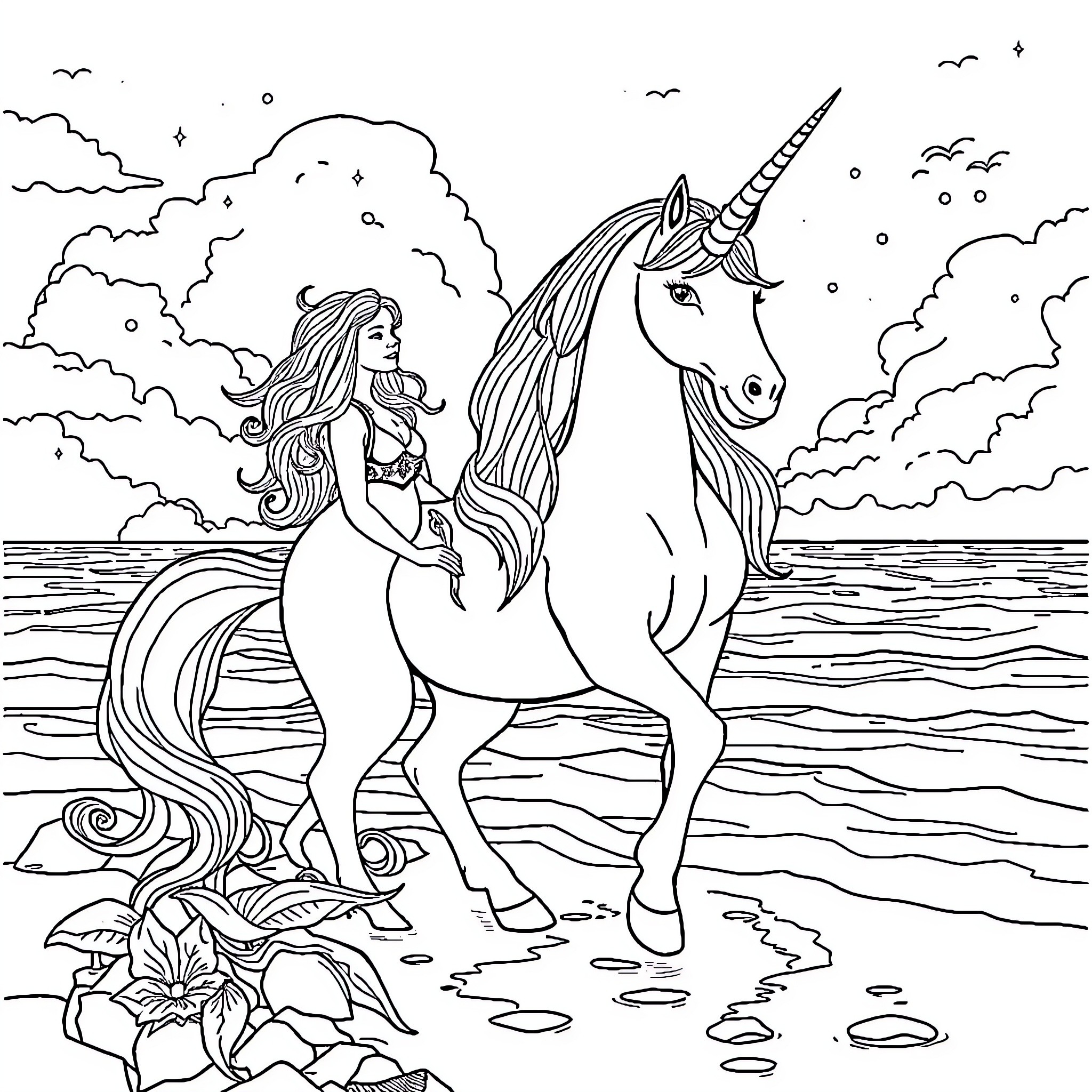 Unicorn and Maiden Riding Together by the Sea Coloring Page (free black-and-white line drawing printable PDF for all, from beginners to advanced learners, including children, teens, adults, and seniors)