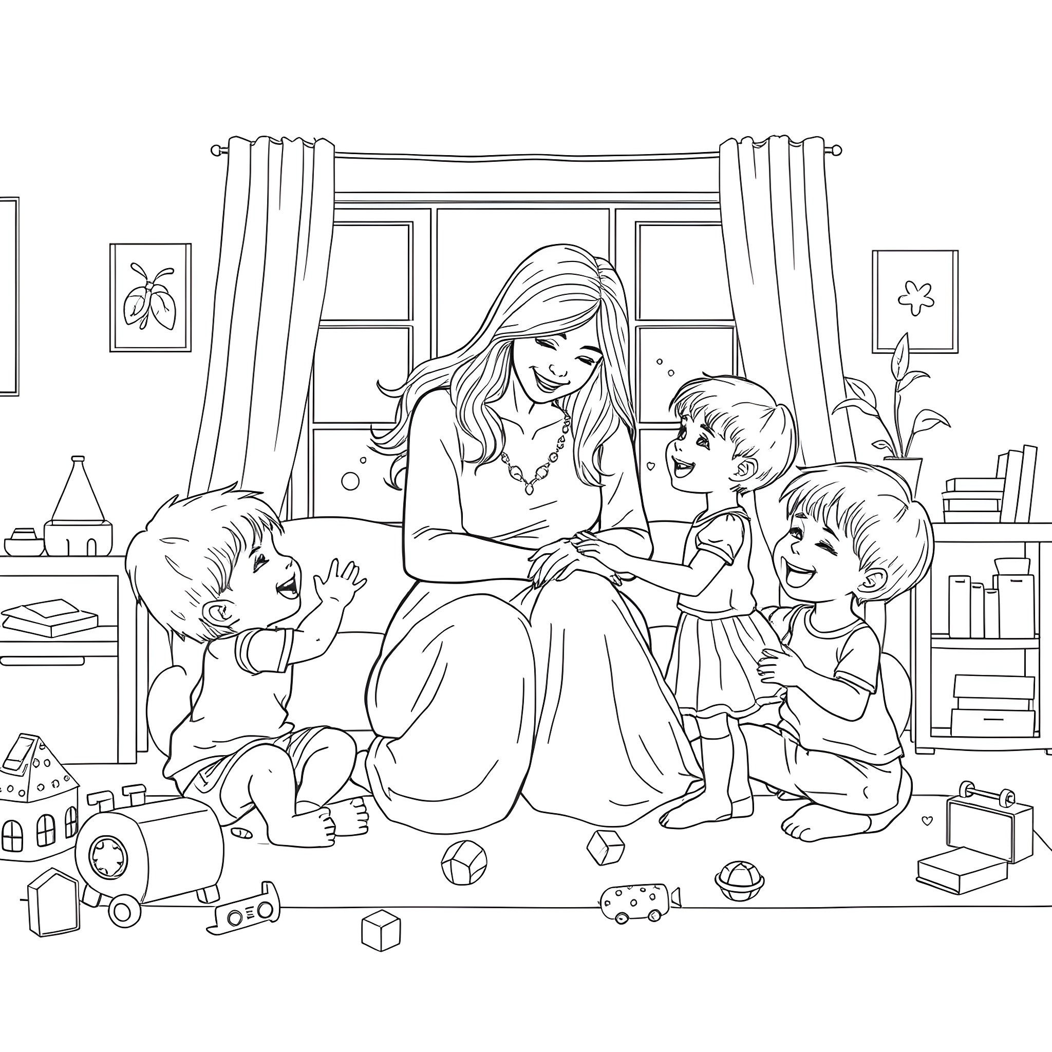 Mother playing with children in the living room Coloring Page (free black-and-white line drawing printable PDF for all, from beginners to advanced learners, including children, teens, adults, and seniors)