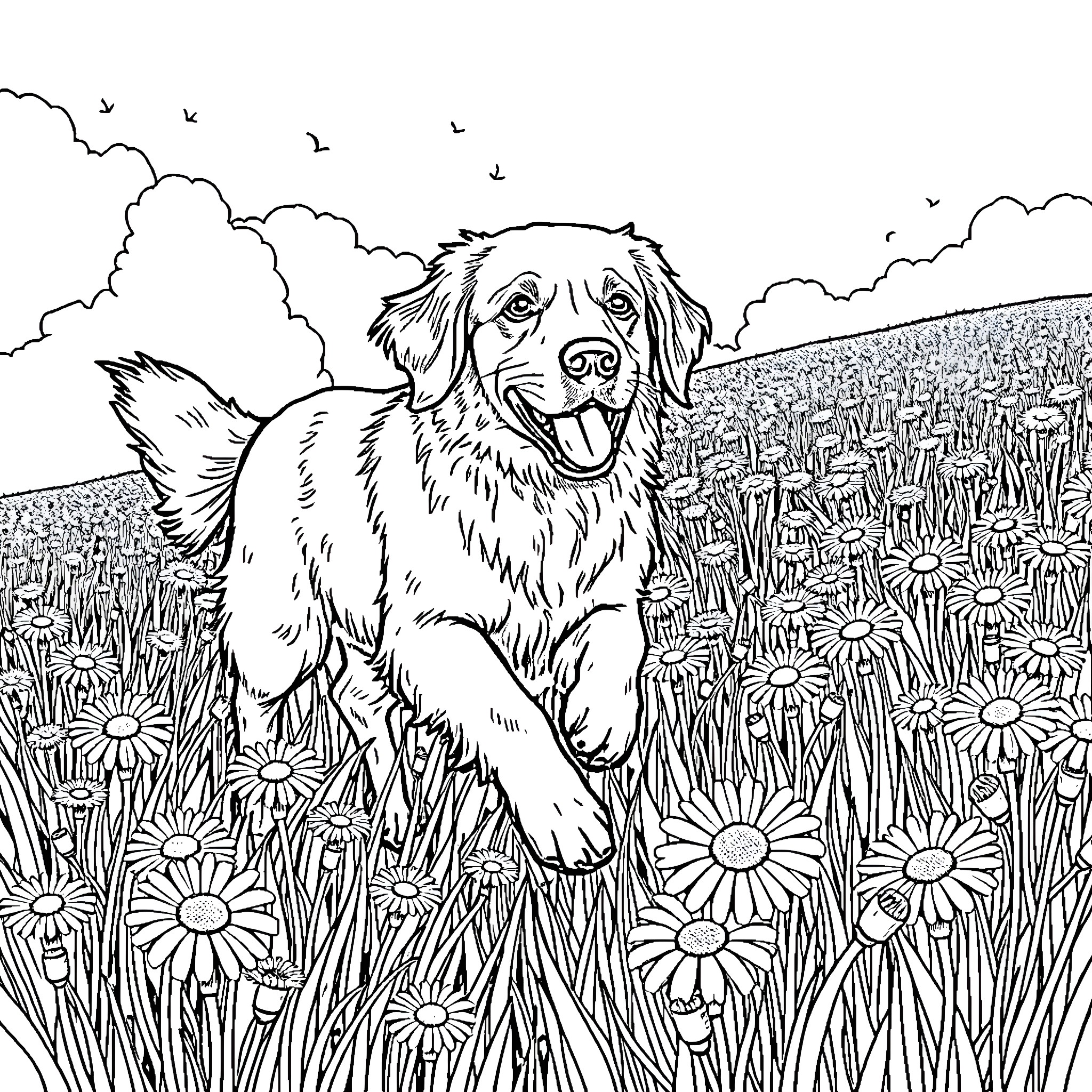 Golden Retriever playing happily in a flower field Coloring Page (free black-and-white line drawing printable PDF for all, from beginners to advanced learners, including children, teens, adults, and seniors)