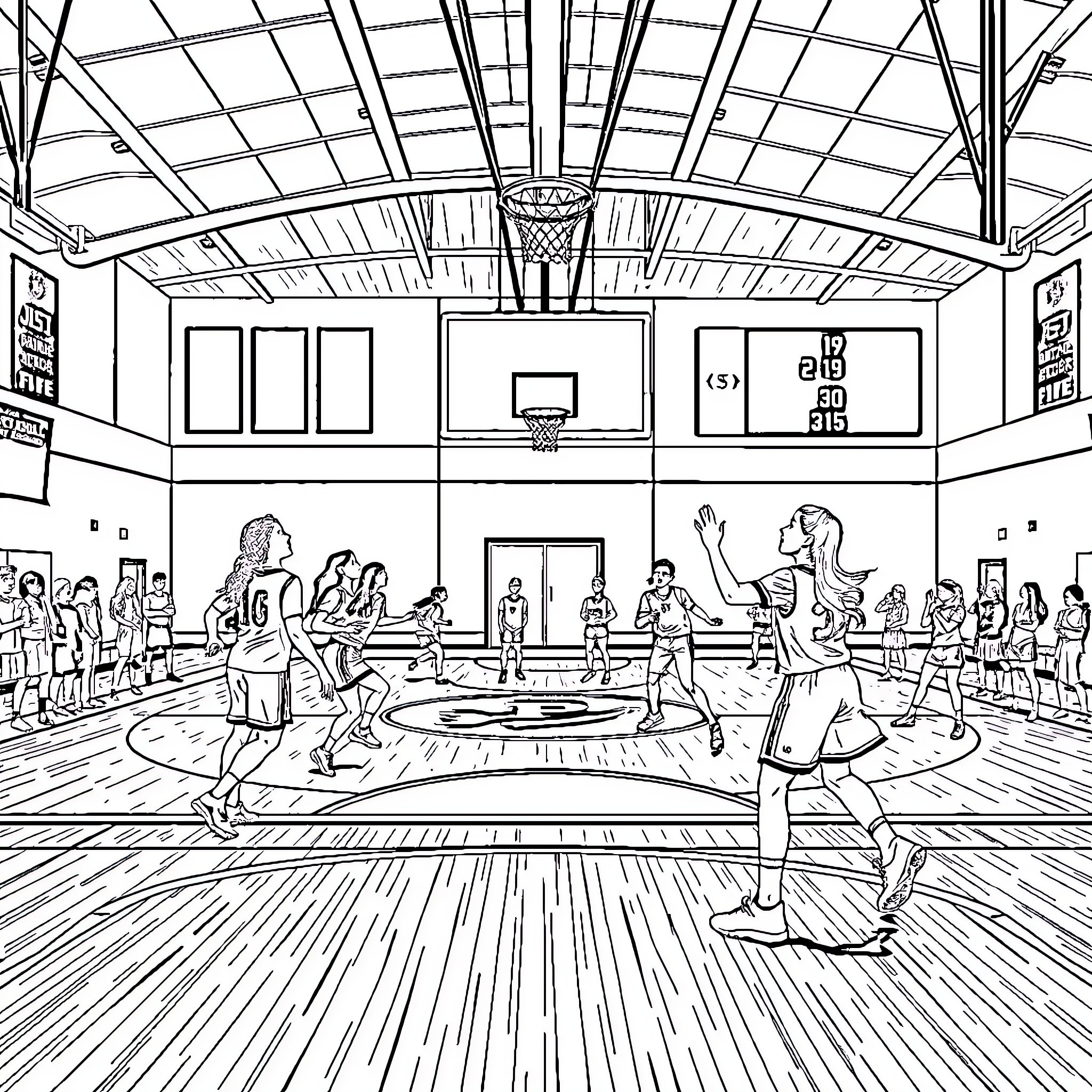 Cathedral High School Basketball Game Coloring Page (free black-and-white line drawing printable PDF for all, from beginners to advanced learners, including children, teens, adults, and seniors)