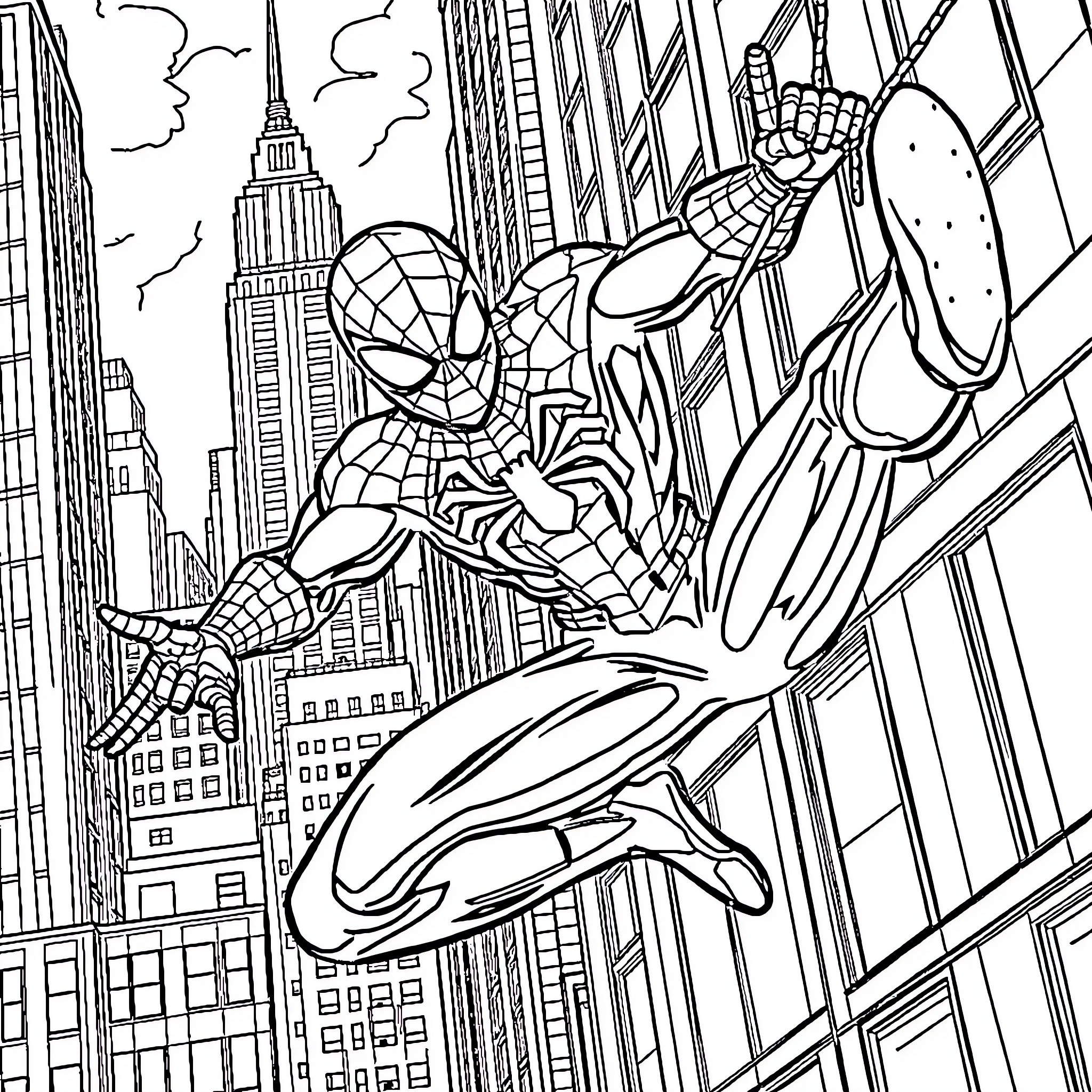 Spider-Man swinging through the city skyline Coloring Page (free black-and-white line drawing printable PDF for all, from beginners to advanced learners, including children, teens, adults, and seniors)