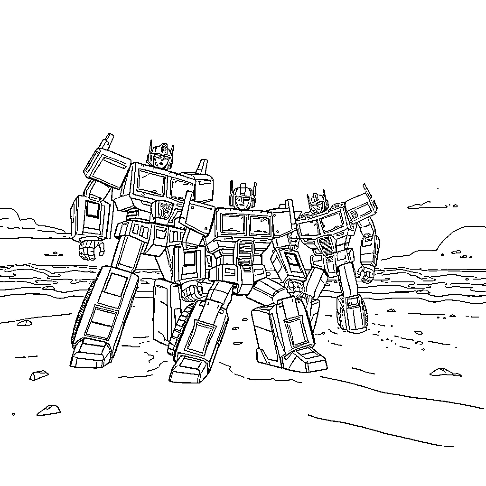 Transformers Assembling in the Wasteland Coloring Page (free black-and-white line drawing printable PDF for all, from beginners to advanced learners, including children, teens, adults, and seniors)