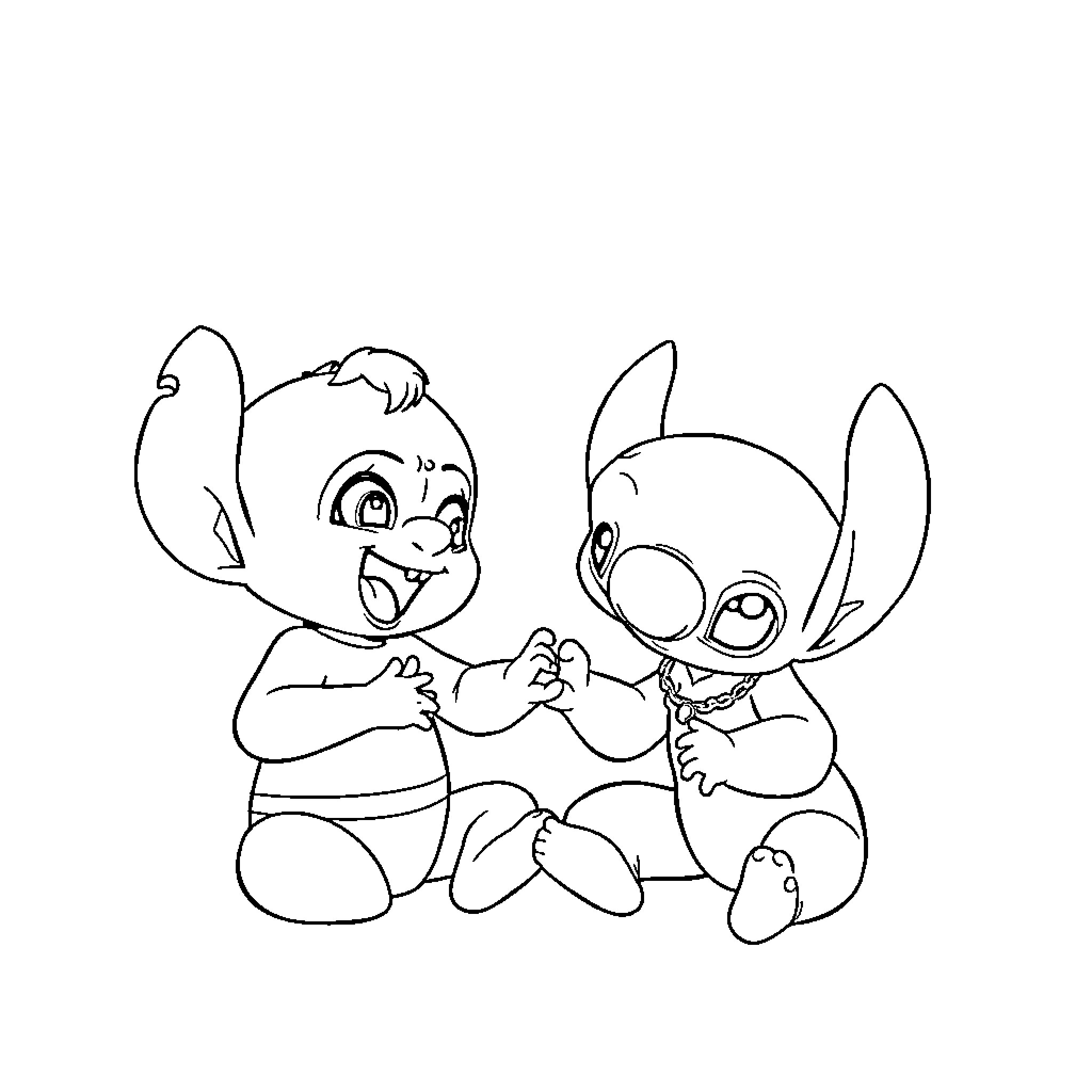 Jack Jack and Stitch playing together happily Coloring Page (free black-and-white line drawing printable PDF for all, from beginners to advanced learners, including children, teens, adults, and seniors)