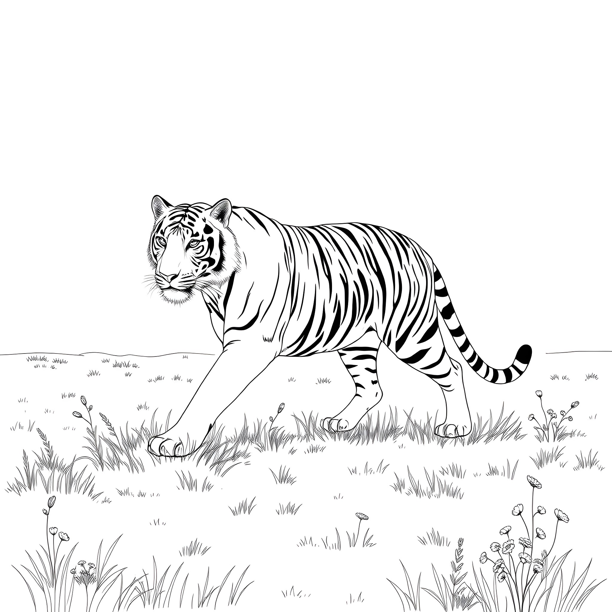 Tiger on the prowl in a grassy field Coloring Page (free black-and-white line drawing printable PDF for all, from beginners to advanced learners, including children, teens, adults, and seniors)