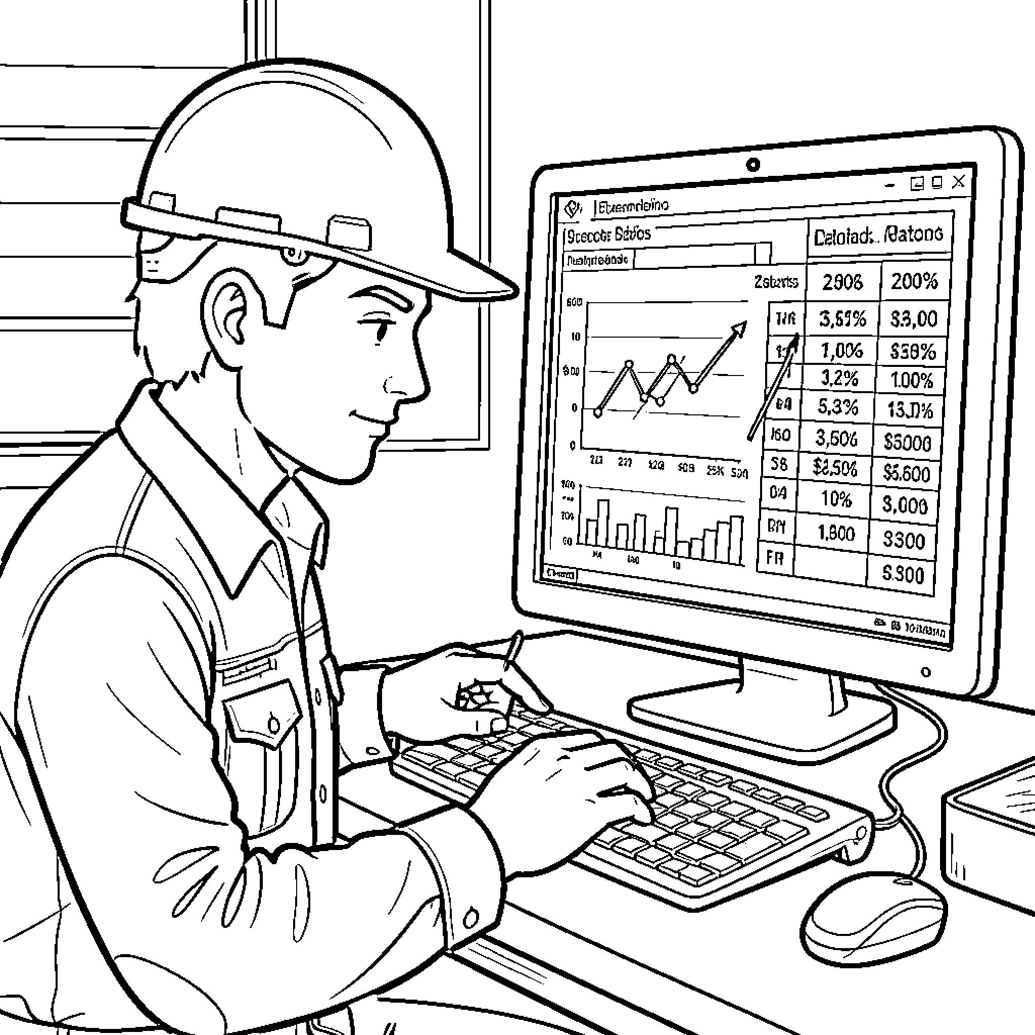 Técnico analisando dados em computador Coloring Page (free black-and-white line drawing printable PDF for all, from beginners to advanced learners, including children, teens, adults, and seniors)