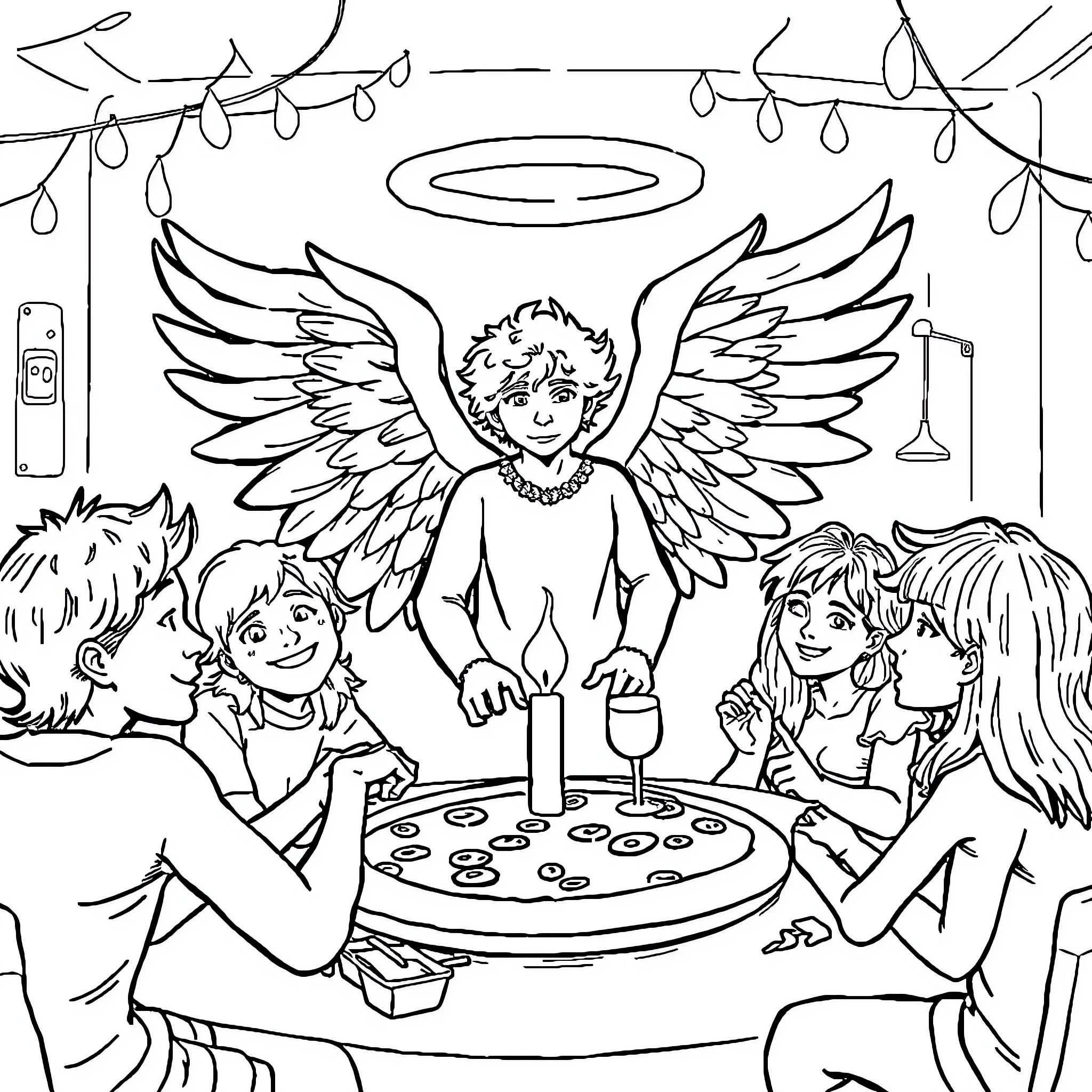 Angel celebrating with friends around a birthday cake Coloring Page (free black-and-white line drawing printable PDF for all, from beginners to advanced learners, including children, teens, adults, and seniors)