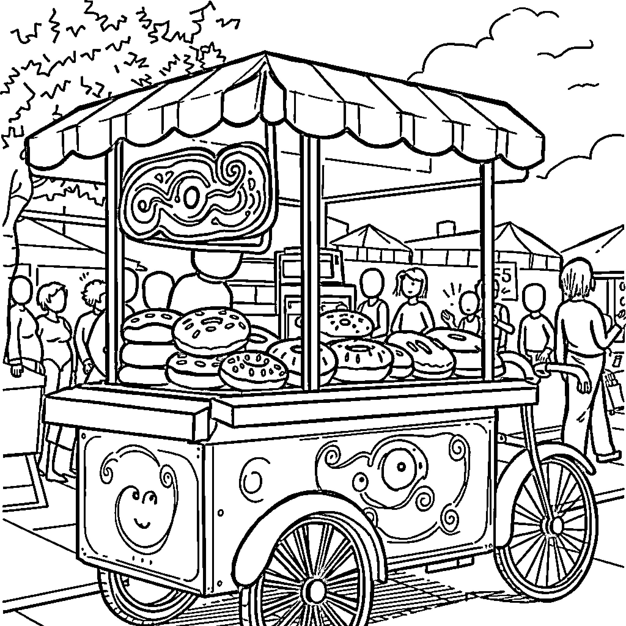 Donut cart at a bustling street market Coloring Page (free black-and-white line drawing printable PDF for all, from beginners to advanced learners, including children, teens, adults, and seniors)
