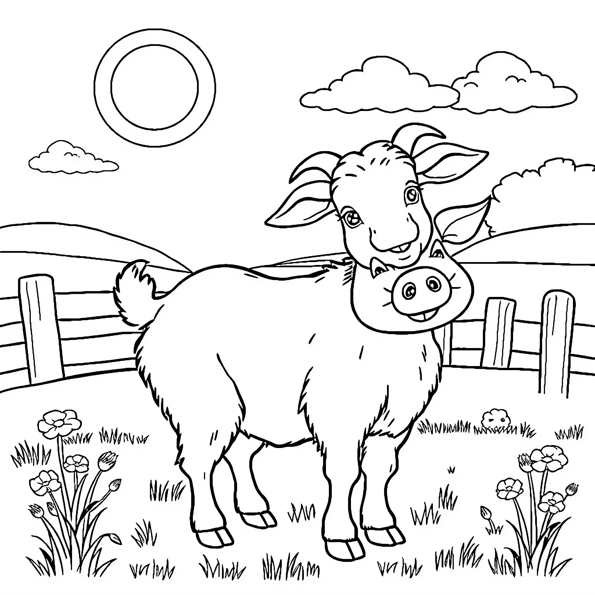 Goat enjoying the sunny countryside Coloring Page (free black-and-white line drawing printable PDF for all, from beginners to advanced learners, including children, teens, adults, and seniors)