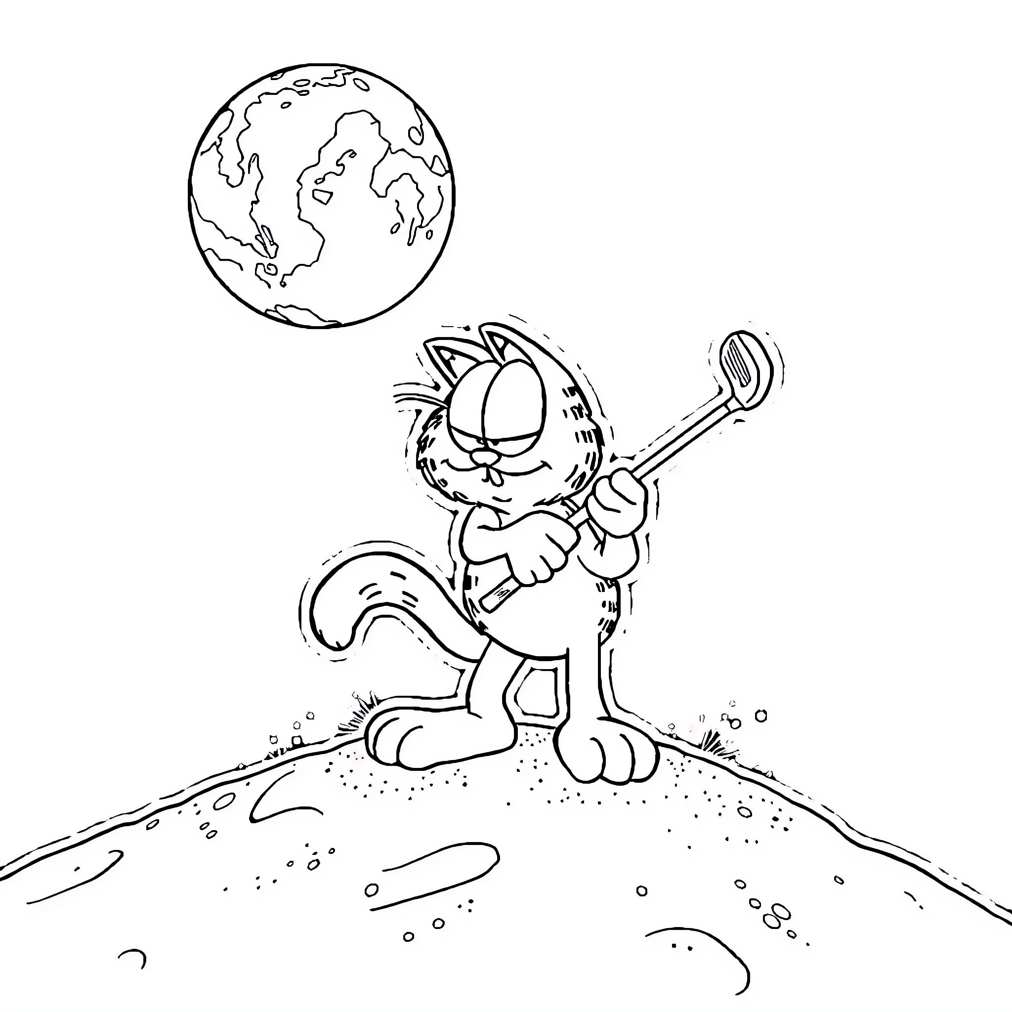 Garfield explores the universe with his trusty telescope Coloring Page (free black-and-white line drawing printable PDF for all, from beginners to advanced learners, including children, teens, adults, and seniors)