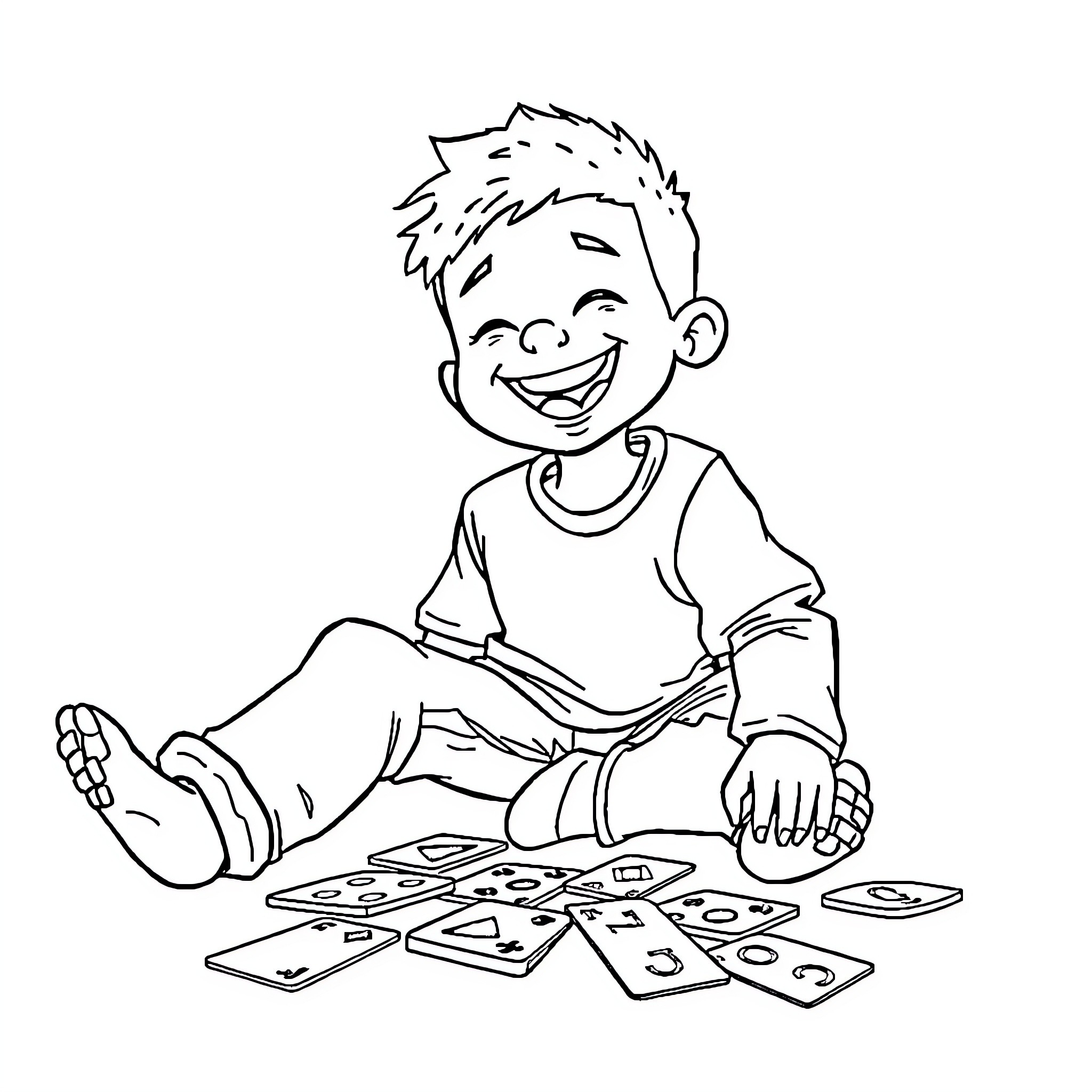 Boy happily playing with cards Coloring Page (free black-and-white line drawing printable PDF for all, from beginners to advanced learners, including children, teens, adults, and seniors)