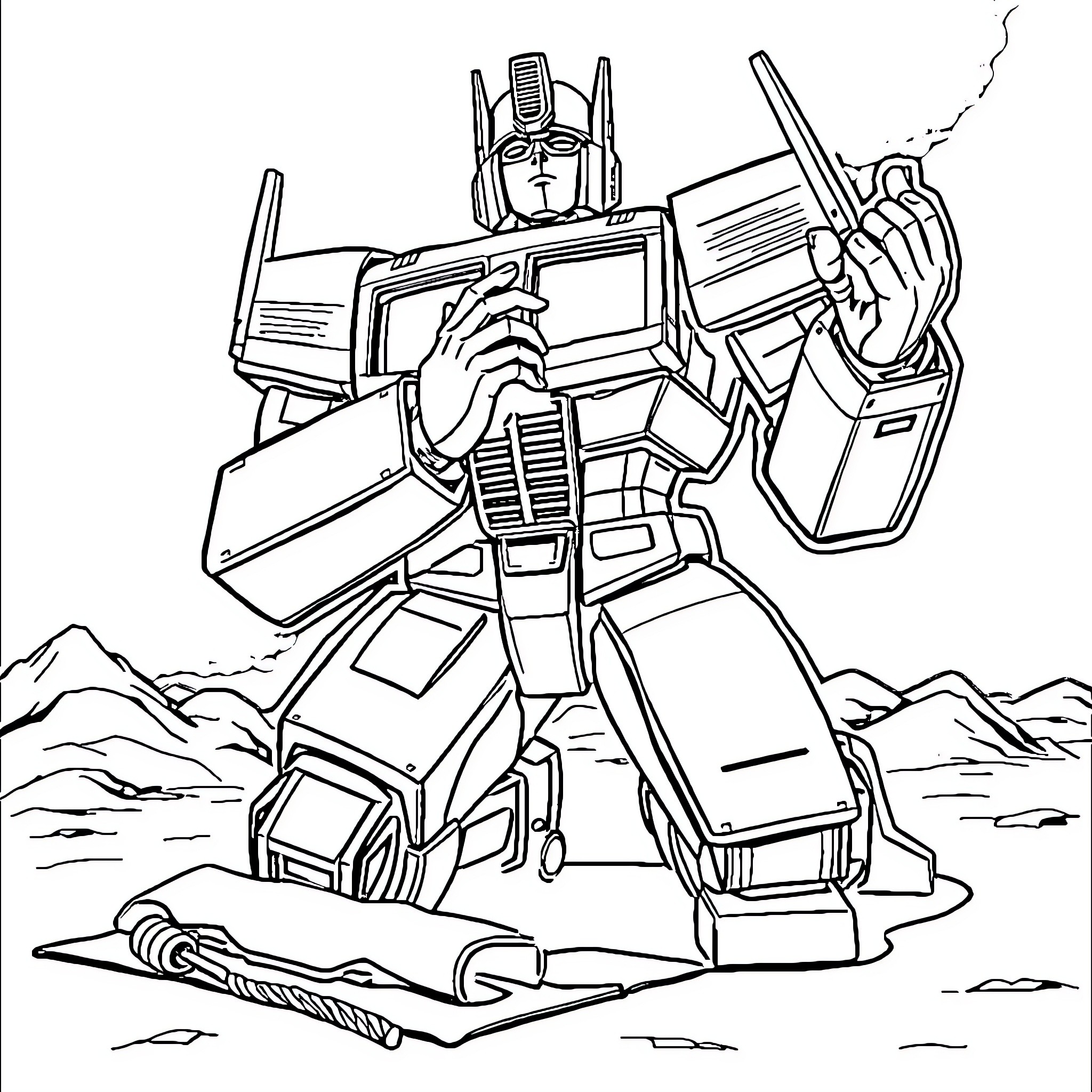 Optimus Prime standing tall in heroic pose Coloring Page (free black-and-white line drawing printable PDF for all, from beginners to advanced learners, including children, teens, adults, and seniors)