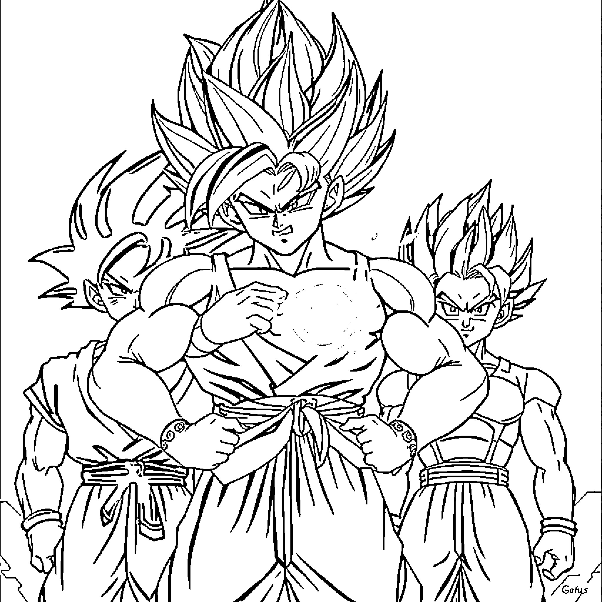 Gogeta's Fierce Battle with Powerful Foes Coloring Page (free black-and-white line drawing printable PDF for all, from beginners to advanced learners, including children, teens, adults, and seniors)