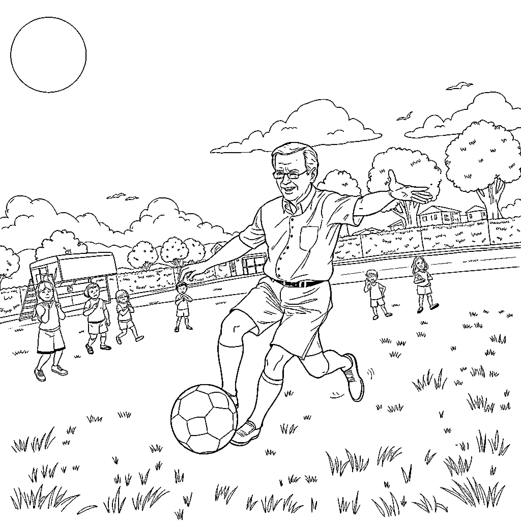 Joe Biden playing soccer with children in a park Coloring Page (free black-and-white line drawing printable PDF for all, from beginners to advanced learners, including children, teens, adults, and seniors)